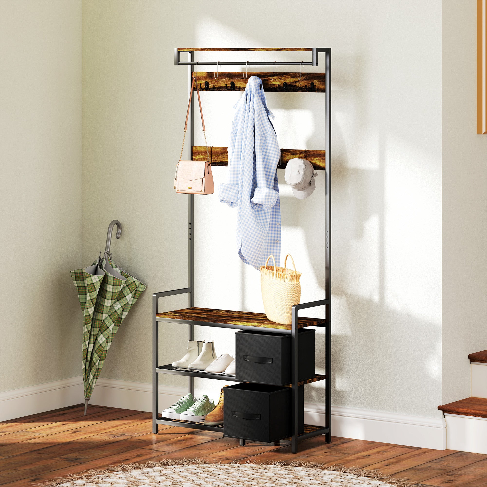 HOMCOM Coat Rack with 2 Fabric Drawers, Modern 4-in-1 Hall Tree with Entryway Bench, 15 Hooks for Hallway, Living Room and Bedroom, Rustic Brown