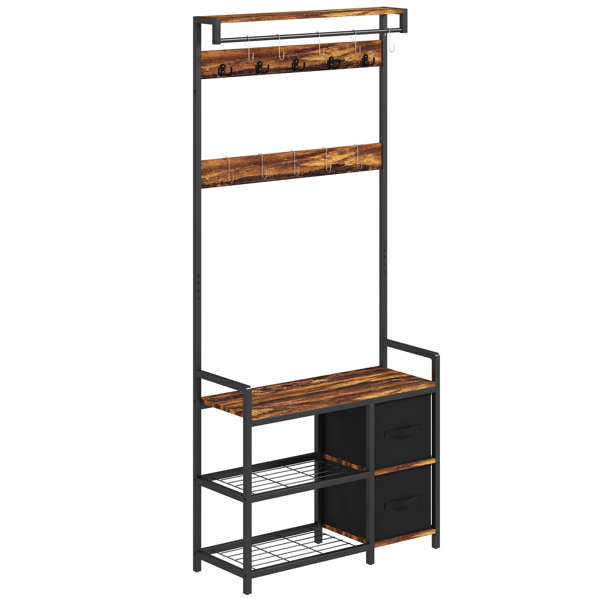 HOMCOM Coat Rack with 2 Fabric Drawers, Modern 4-in-1 Hall Tree with Entryway Bench, 15 Hooks for Hallway, Living Room and Bedroom, Rustic Brown