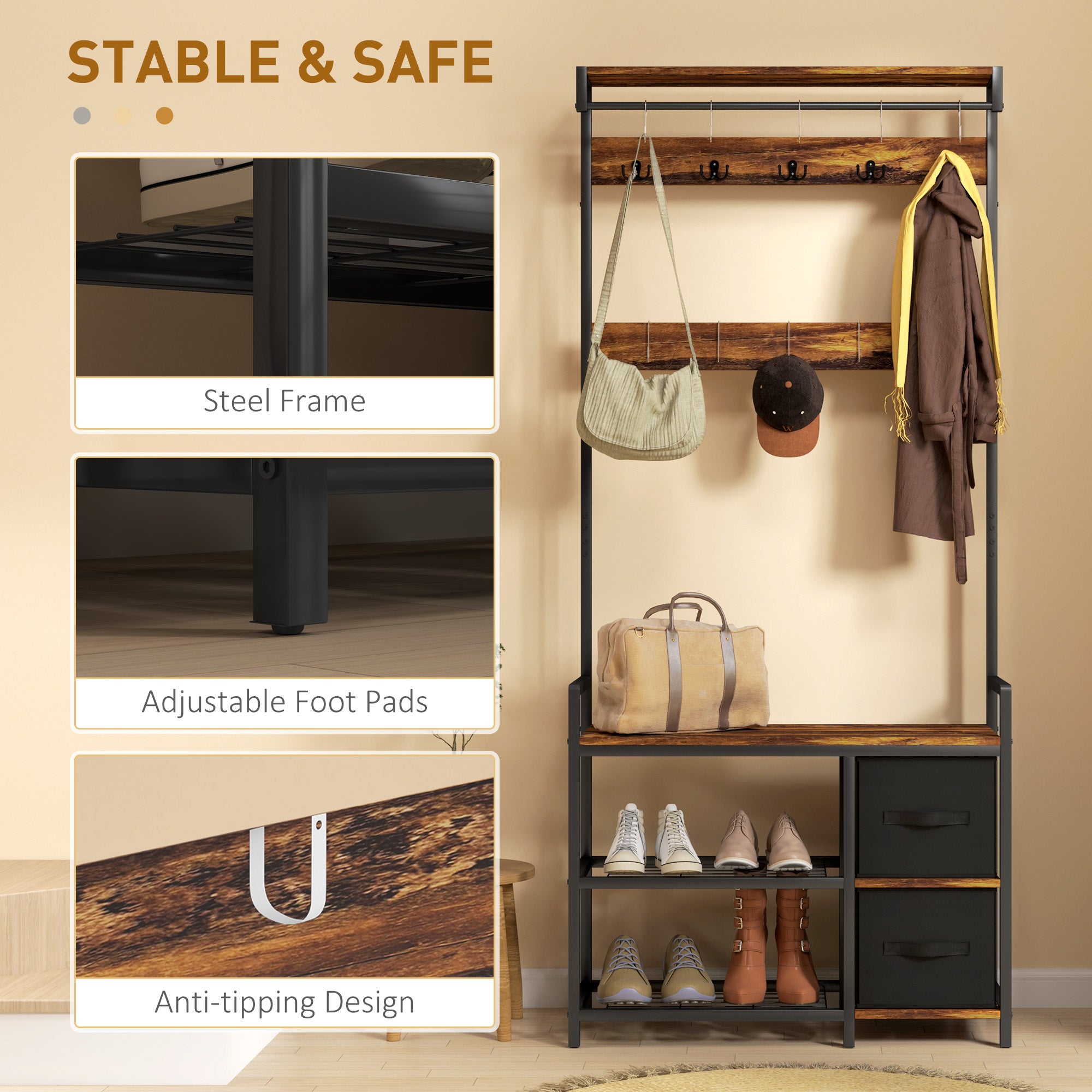 HOMCOM Coat Rack with 2 Fabric Drawers, Modern 4-in-1 Hall Tree with Entryway Bench, 15 Hooks for Hallway, Living Room and Bedroom, Rustic Brown