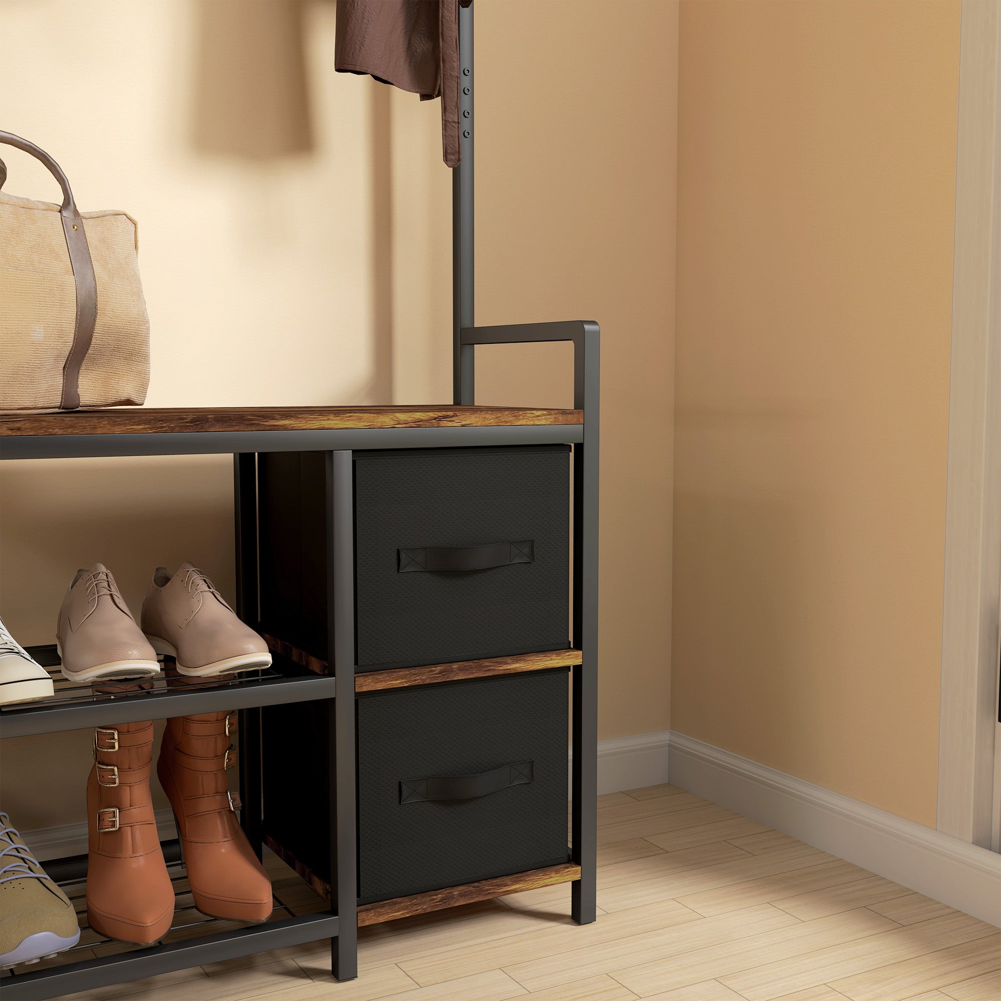 HOMCOM Coat Rack with 2 Fabric Drawers, Modern 4-in-1 Hall Tree with Entryway Bench, 15 Hooks for Hallway, Living Room and Bedroom, Rustic Brown