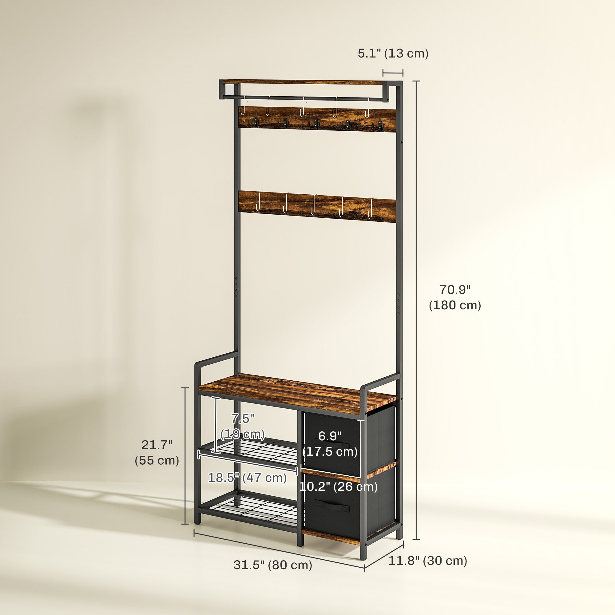 HOMCOM Coat Rack with 2 Fabric Drawers, Modern 4-in-1 Hall Tree with Entryway Bench, 15 Hooks for Hallway, Living Room and Bedroom, Rustic Brown