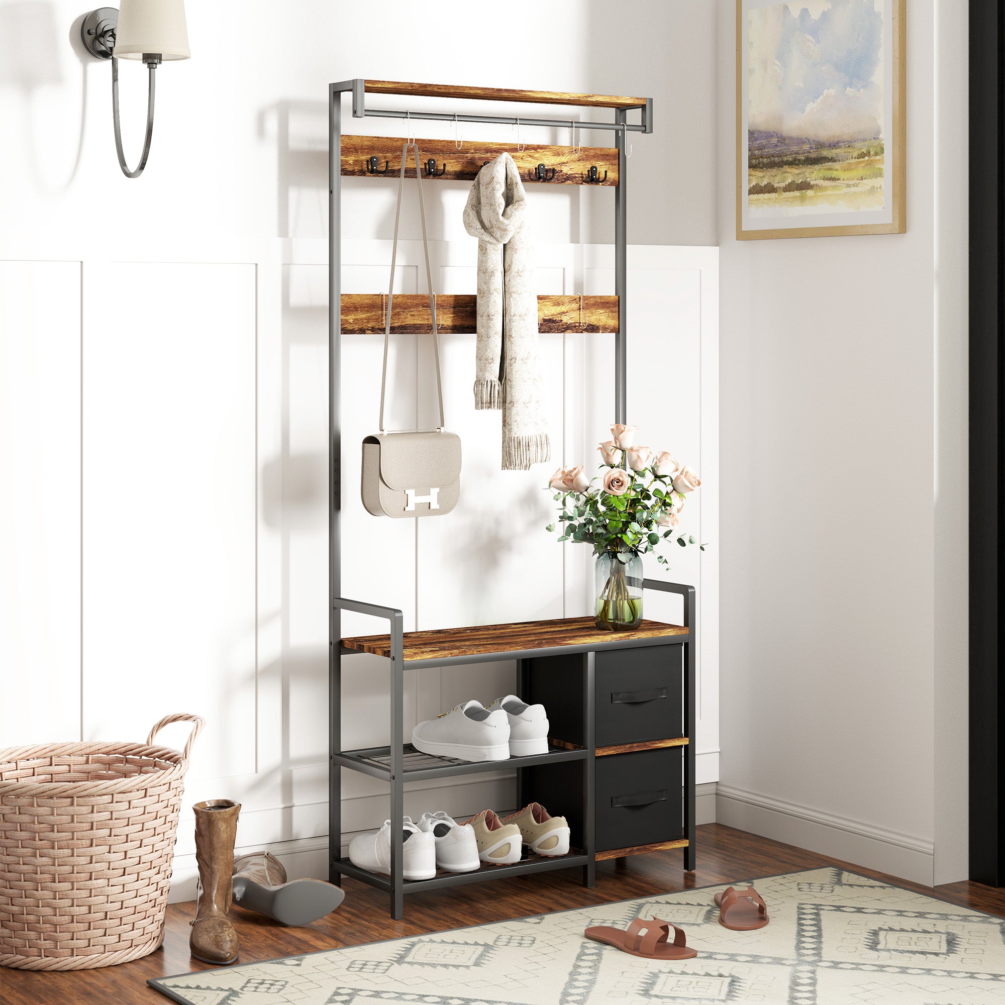 HOMCOM Coat Rack with 2 Fabric Drawers, Modern 4-in-1 Hall Tree with Entryway Bench, 15 Hooks for Hallway, Living Room and Bedroom, Rustic Brown