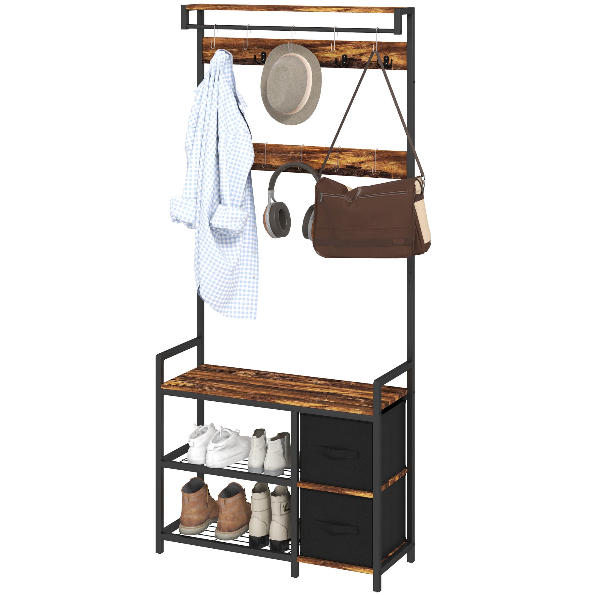 HOMCOM Coat Rack with 2 Fabric Drawers, Modern 4-in-1 Hall Tree with Entryway Bench, 15 Hooks for Hallway, Living Room and Bedroom, Rustic Brown