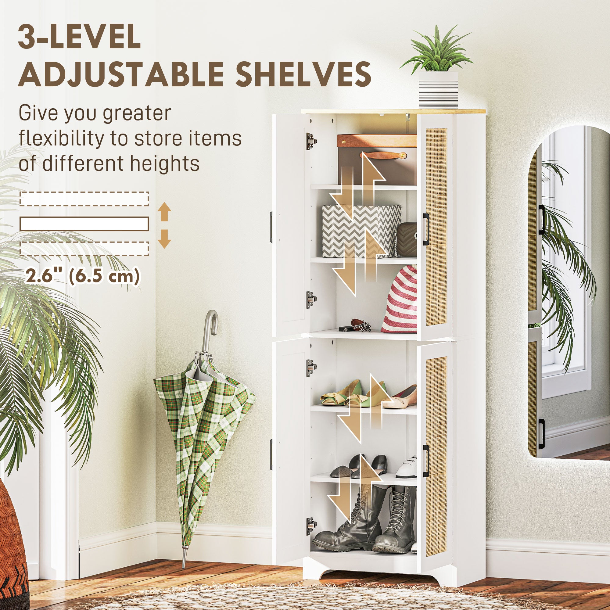 HOMCOM Kitchen Pantry Cabinet, 67" Tall Pantry Storage Cabinet Freestanding with 4 Rattan Doors and Adjustable Shelves, Cupboards Cabinet, White