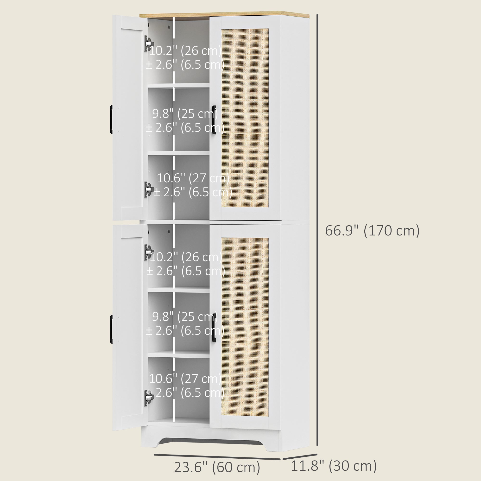 HOMCOM Kitchen Pantry Cabinet, 67" Tall Pantry Storage Cabinet Freestanding with 4 Rattan Doors and Adjustable Shelves, Cupboards Cabinet, White