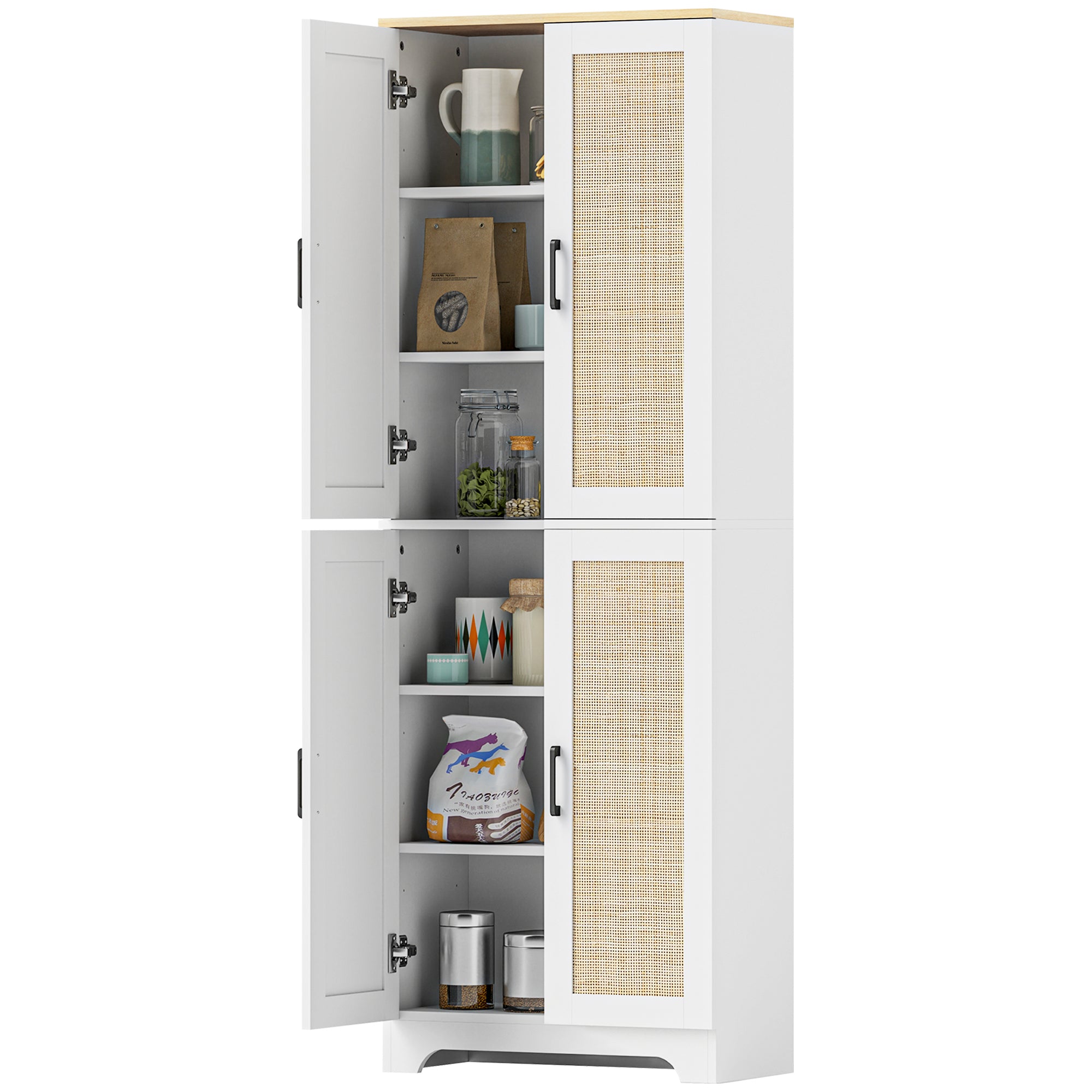 HOMCOM Kitchen Pantry Cabinet, 67" Tall Pantry Storage Cabinet Freestanding with 4 Rattan Doors and Adjustable Shelves, Cupboards Cabinet, White