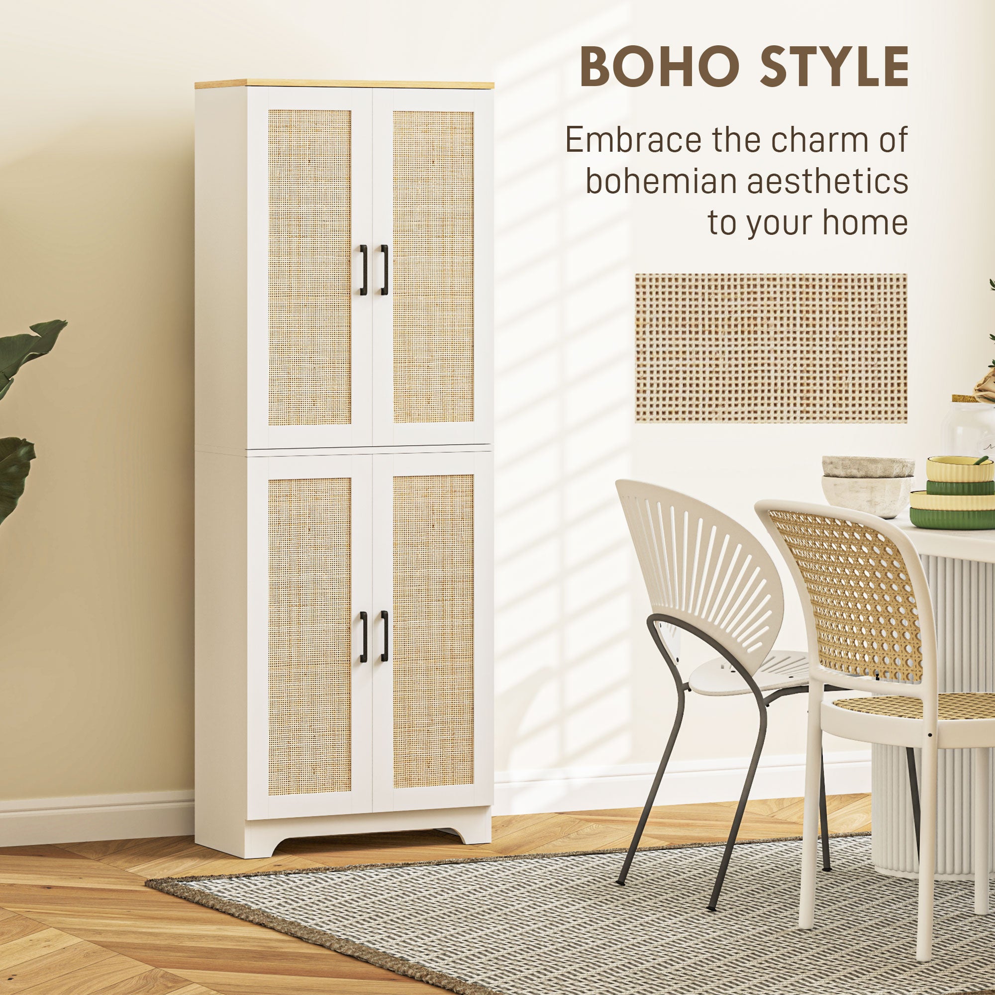 HOMCOM Kitchen Pantry Cabinet, 67" Tall Pantry Storage Cabinet Freestanding with 4 Rattan Doors and Adjustable Shelves, Cupboards Cabinet, White