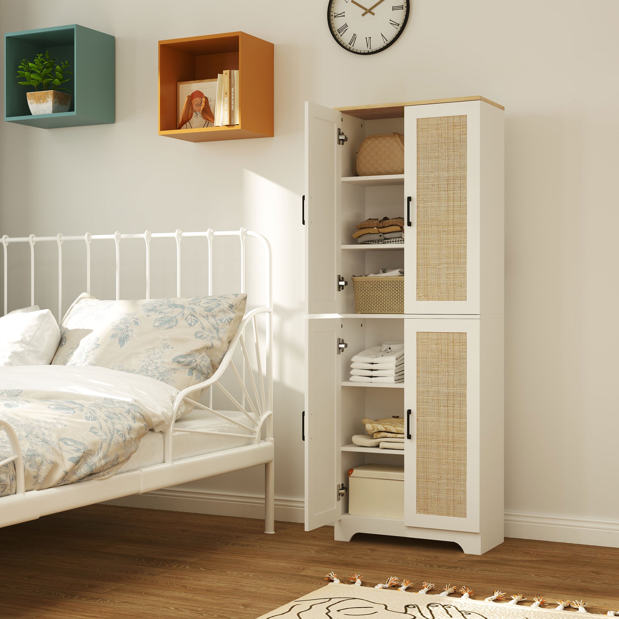 HOMCOM Kitchen Pantry Cabinet, 67" Tall Pantry Storage Cabinet Freestanding with 4 Rattan Doors and Adjustable Shelves, Cupboards Cabinet, White