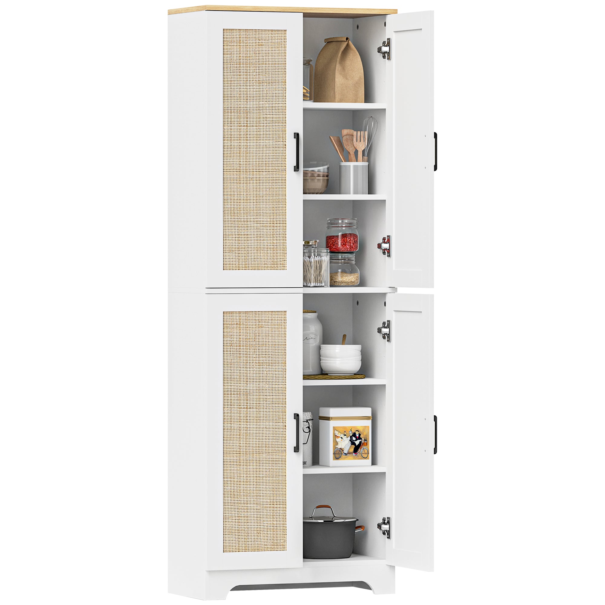 HOMCOM Kitchen Pantry Cabinet, 67" Tall Pantry Storage Cabinet Freestanding with 4 Rattan Doors and Adjustable Shelves, Cupboards Cabinet, White