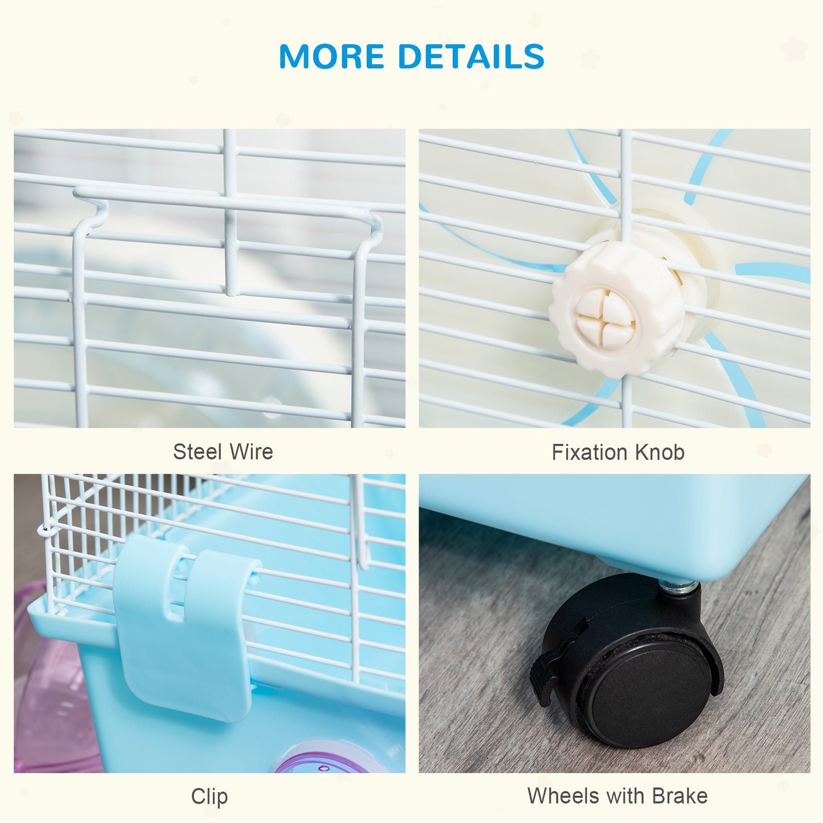 PawHut Hamster Cage, Gerbil Haven, Multi-storey Rodent House, Small Animal Habitats, Large Hide-out, w/ Water Bottle, Tubes, Exercise Wheel, Food Dish, Ramp, Shower Room, Light Blue