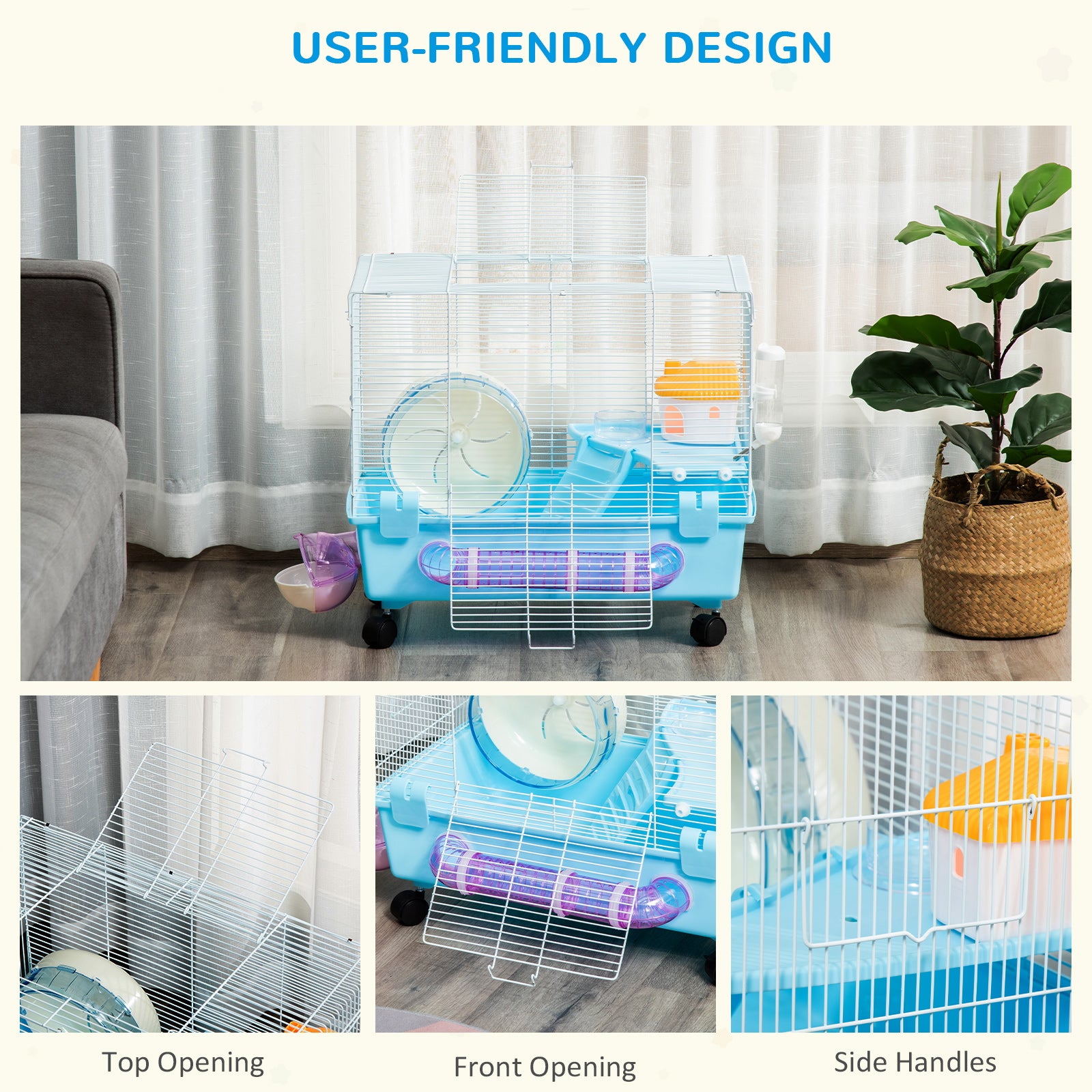 PawHut Hamster Cage, Gerbil Haven, Multi-storey Rodent House, Small Animal Habitats, Large Hide-out, w/ Water Bottle, Tubes, Exercise Wheel, Food Dish, Ramp, Shower Room, Light Blue