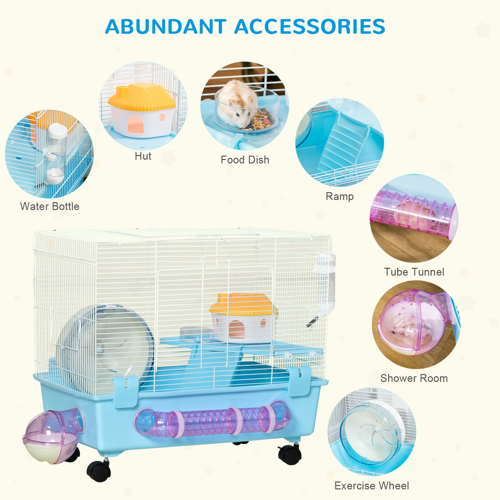 PawHut Hamster Cage, Gerbil Haven, Multi-storey Rodent House, Small Animal Habitats, Large Hide-out, w/ Water Bottle, Tubes, Exercise Wheel, Food Dish, Ramp, Shower Room, Light Blue