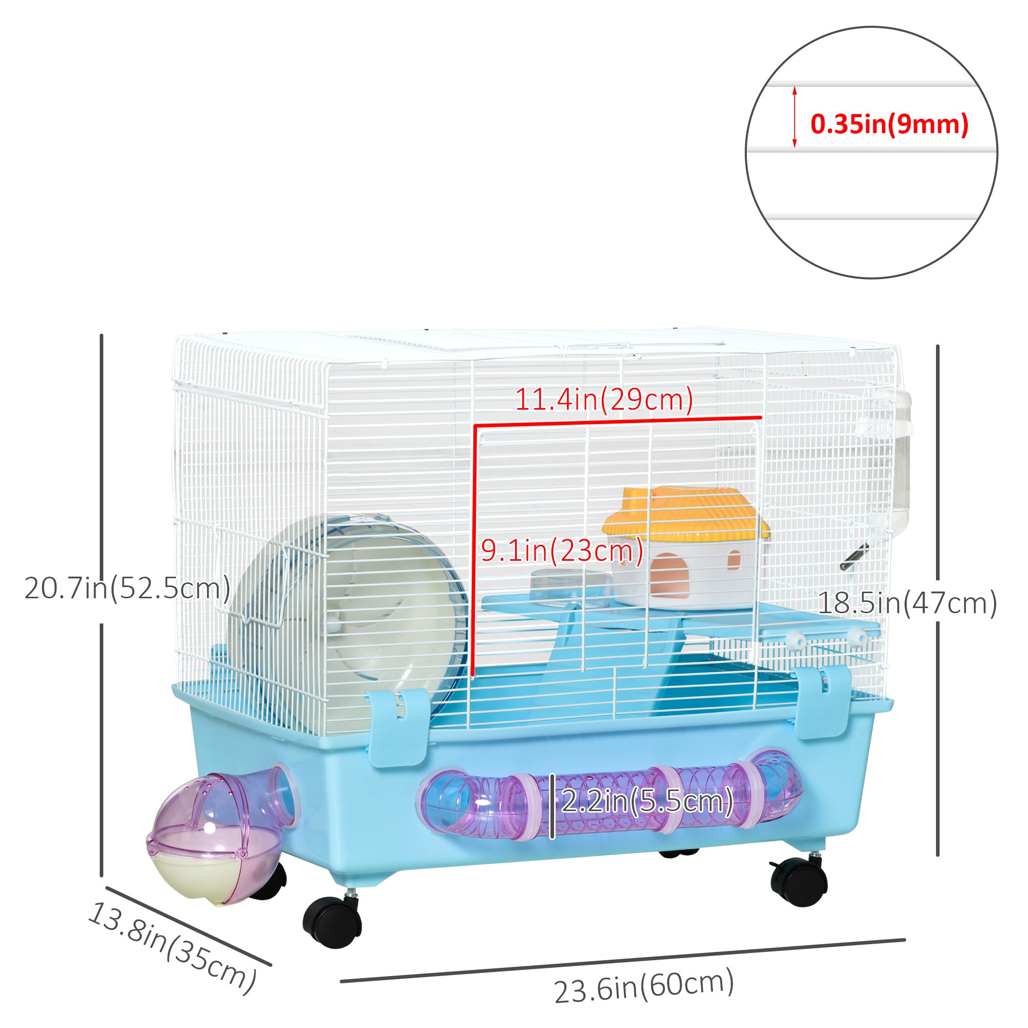 PawHut Hamster Cage, Gerbil Haven, Multi-storey Rodent House, Small Animal Habitats, Large Hide-out, w/ Water Bottle, Tubes, Exercise Wheel, Food Dish, Ramp, Shower Room, Light Blue