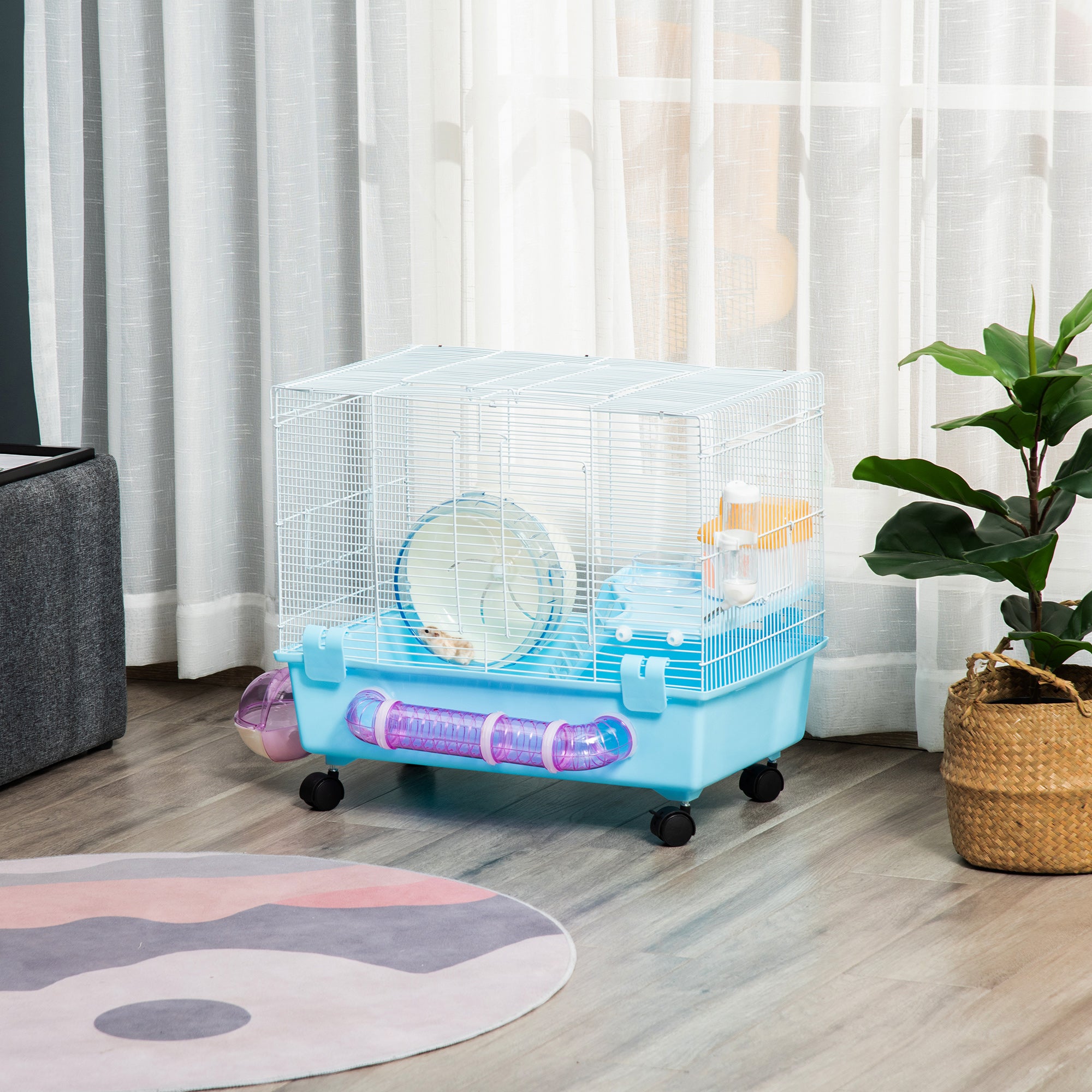 PawHut Hamster Cage, Gerbil Haven, Multi-storey Rodent House, Small Animal Habitats, Large Hide-out, w/ Water Bottle, Tubes, Exercise Wheel, Food Dish, Ramp, Shower Room, Light Blue