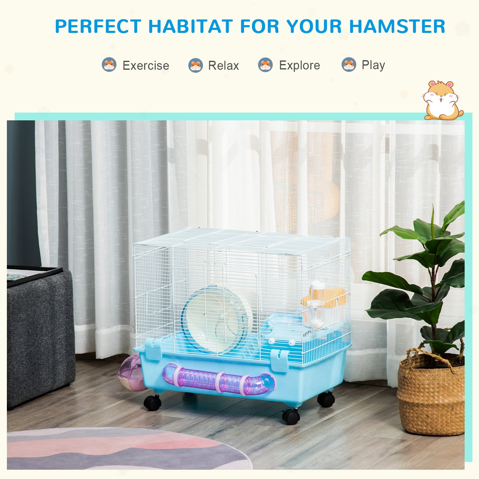 PawHut Hamster Cage, Gerbil Haven, Multi-storey Rodent House, Small Animal Habitats, Large Hide-out, w/ Water Bottle, Tubes, Exercise Wheel, Food Dish, Ramp, Shower Room, Light Blue