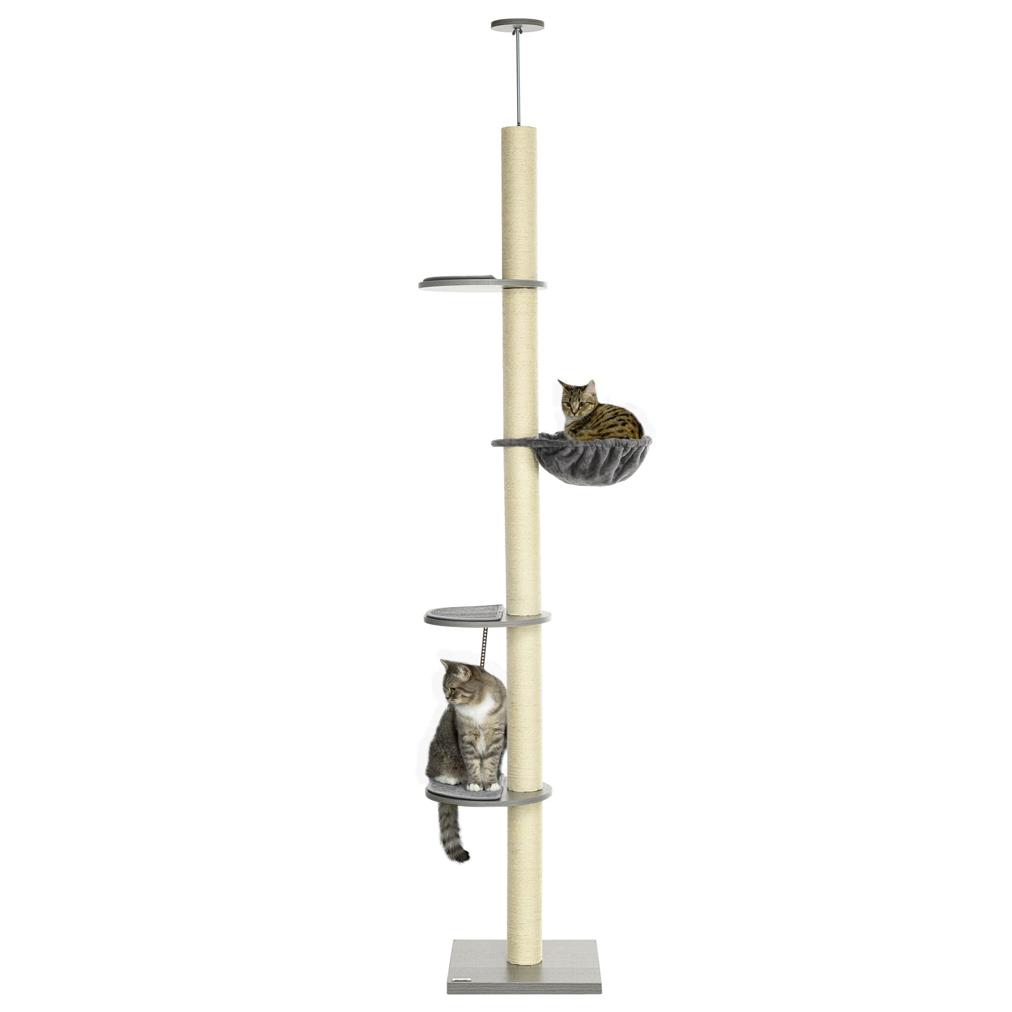 PawHut 250cm Floor to Ceiling Cat Tree, Height Adjustable Kitten Tower, Five-Level Activity Centre with Hammock, Scratching Post, Multiple Perches - Grey
