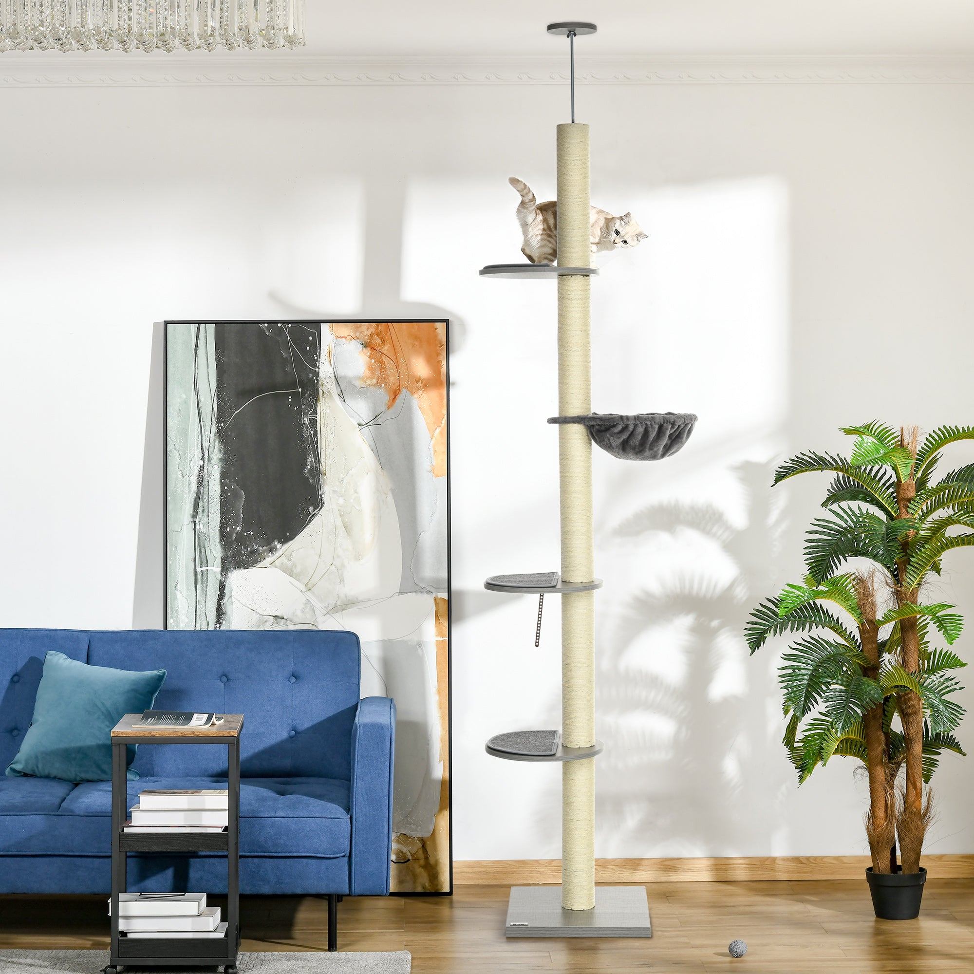 PawHut 250cm Floor to Ceiling Cat Tree, Height Adjustable Kitten Tower, Five-Level Activity Centre with Hammock, Scratching Post, Multiple Perches - Grey