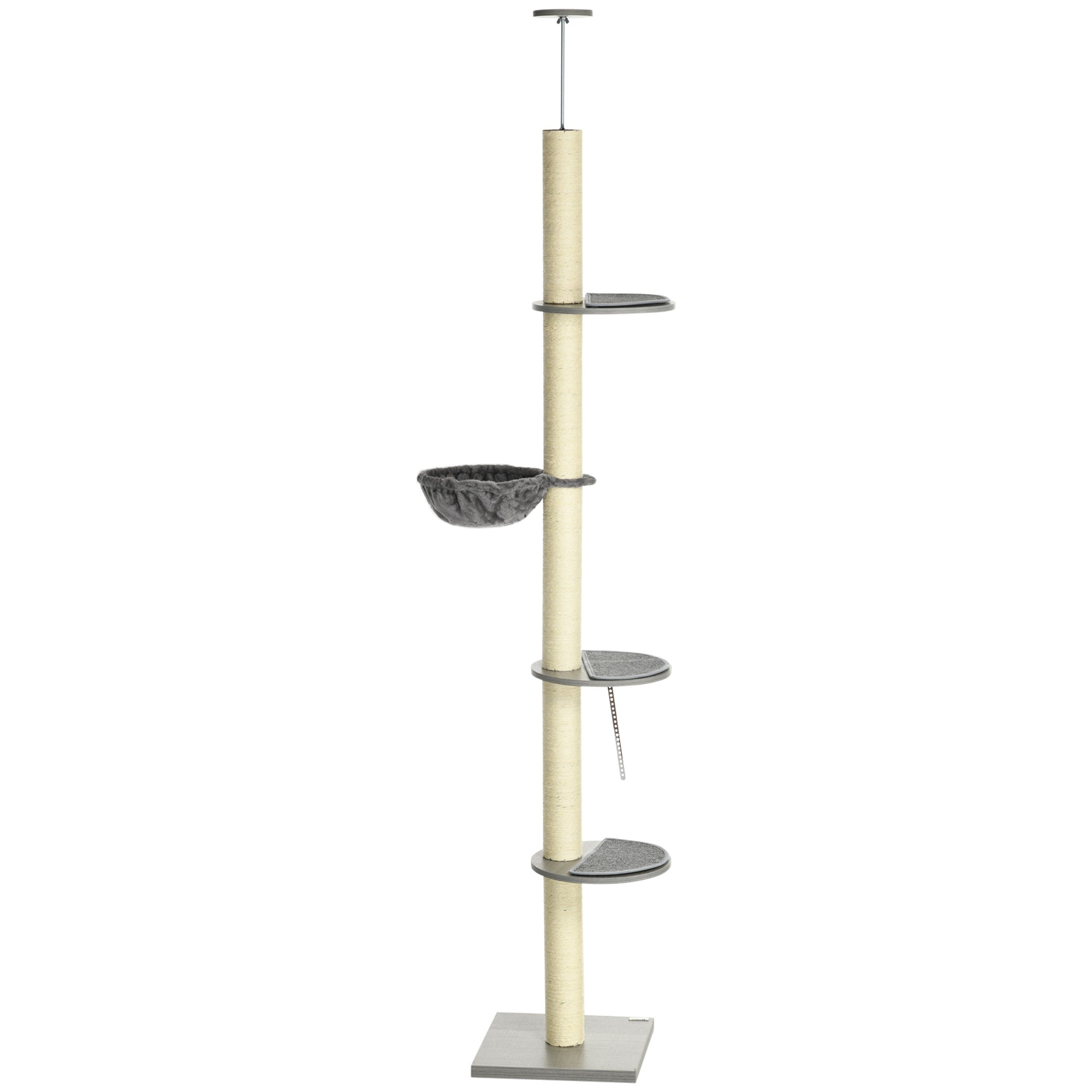 PawHut 250cm Floor to Ceiling Cat Tree, Height Adjustable Kitten Tower, Five-Level Activity Centre with Hammock, Scratching Post, Multiple Perches - Grey