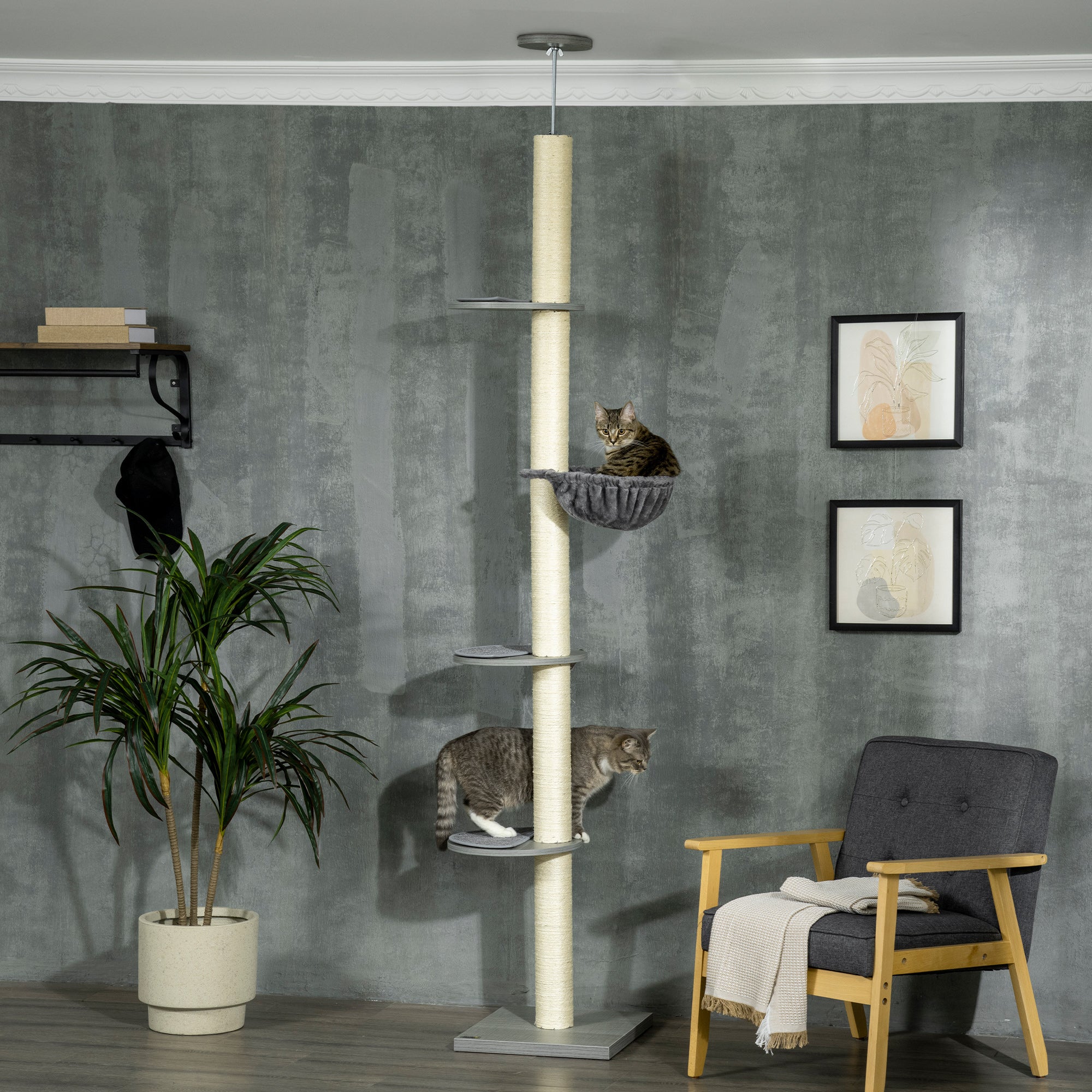 PawHut 250cm Floor to Ceiling Cat Tree, Height Adjustable Kitten Tower, Five-Level Activity Centre with Hammock, Scratching Post, Multiple Perches - Grey
