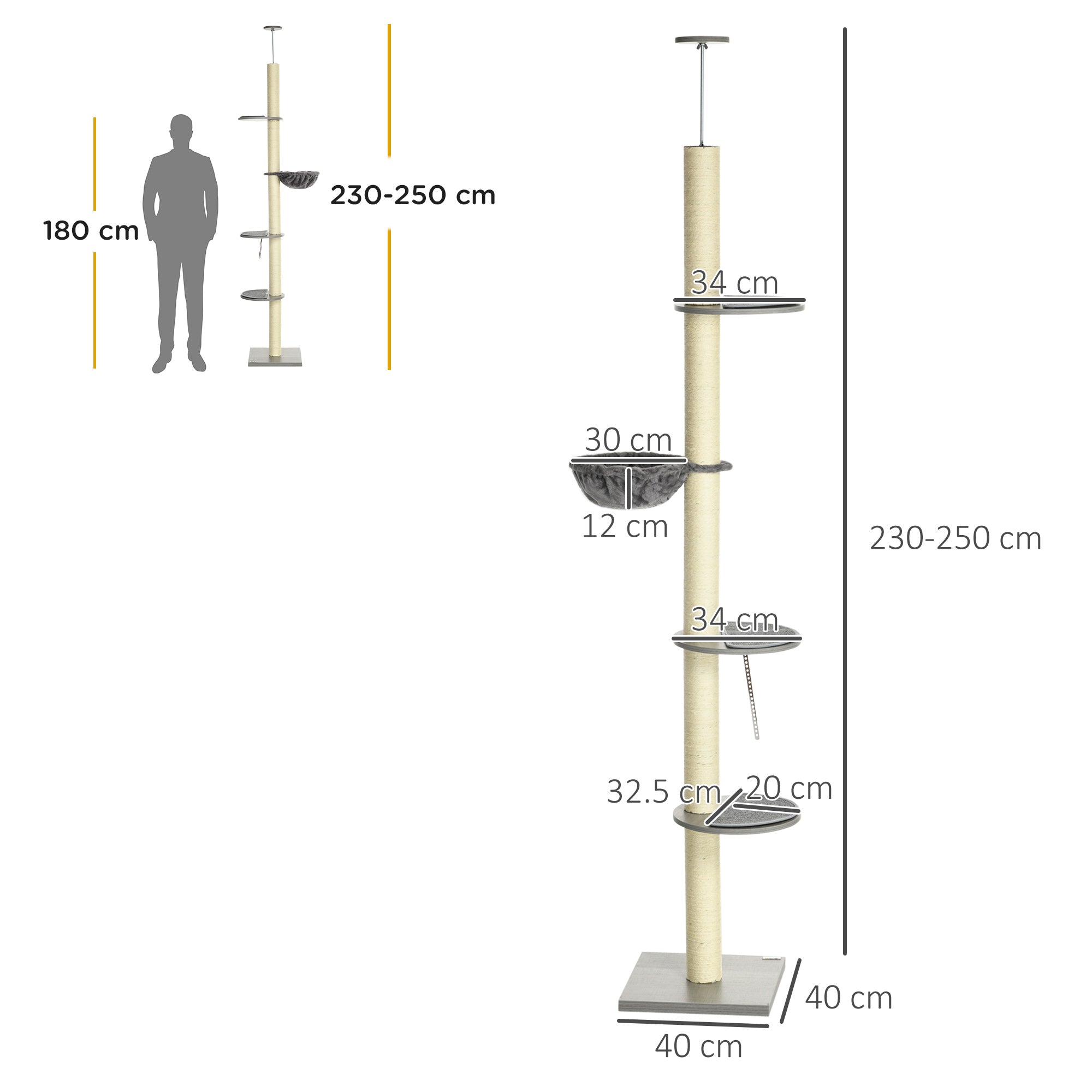 PawHut 250cm Floor to Ceiling Cat Tree, Height Adjustable Kitten Tower, Five-Level Activity Centre with Hammock, Scratching Post, Multiple Perches - Grey
