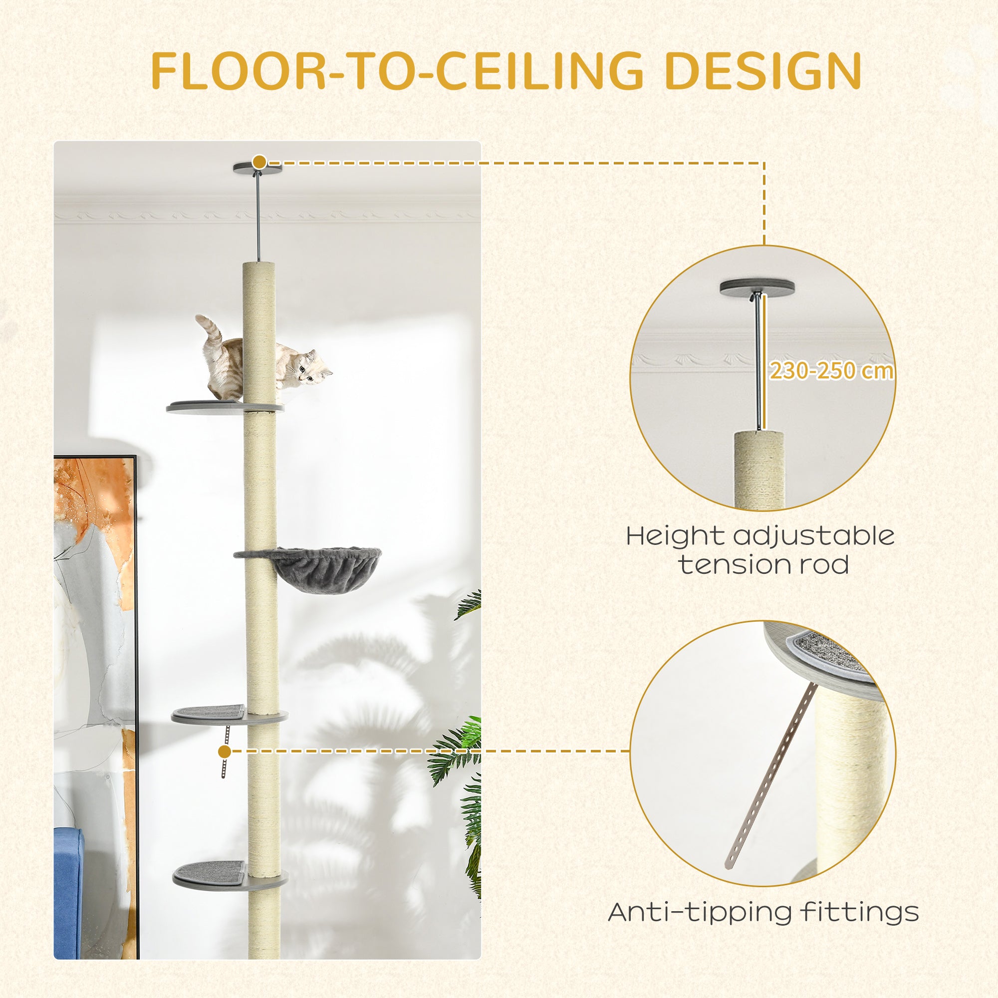 PawHut 250cm Floor to Ceiling Cat Tree, Height Adjustable Kitten Tower, Five-Level Activity Centre with Hammock, Scratching Post, Multiple Perches - Grey