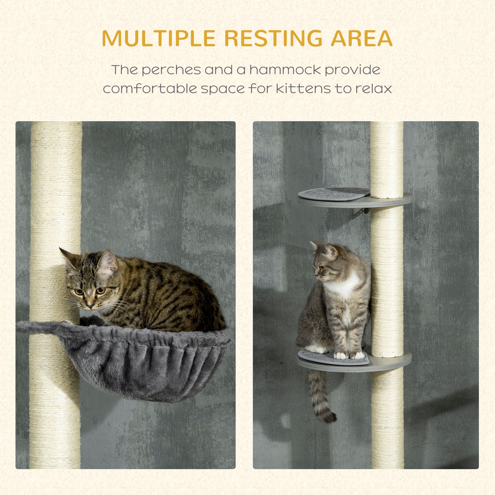 PawHut 250cm Floor to Ceiling Cat Tree, Height Adjustable Kitten Tower, Five-Level Activity Centre with Hammock, Scratching Post, Multiple Perches - Grey