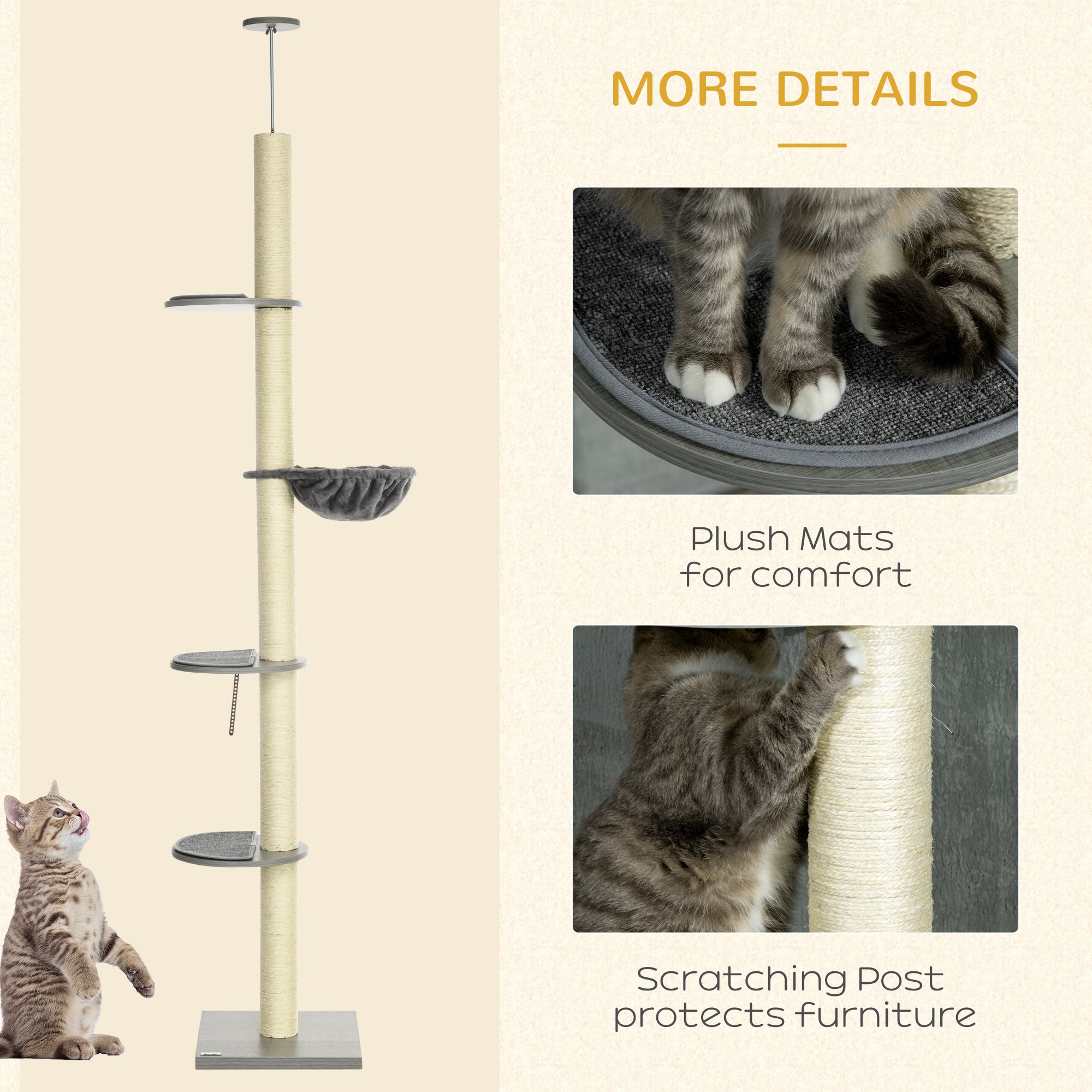 PawHut 250cm Floor to Ceiling Cat Tree, Height Adjustable Kitten Tower, Five-Level Activity Centre with Hammock, Scratching Post, Multiple Perches - Grey