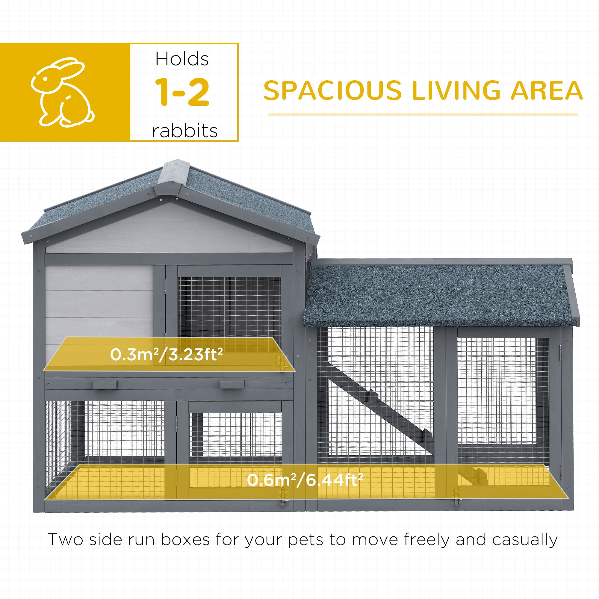 PawHut Wood Rabbit Hutch Backyard Bunny Cage Small Animal House Asphalt Roof w/ Ramp and Outdoor Run Dark Grey