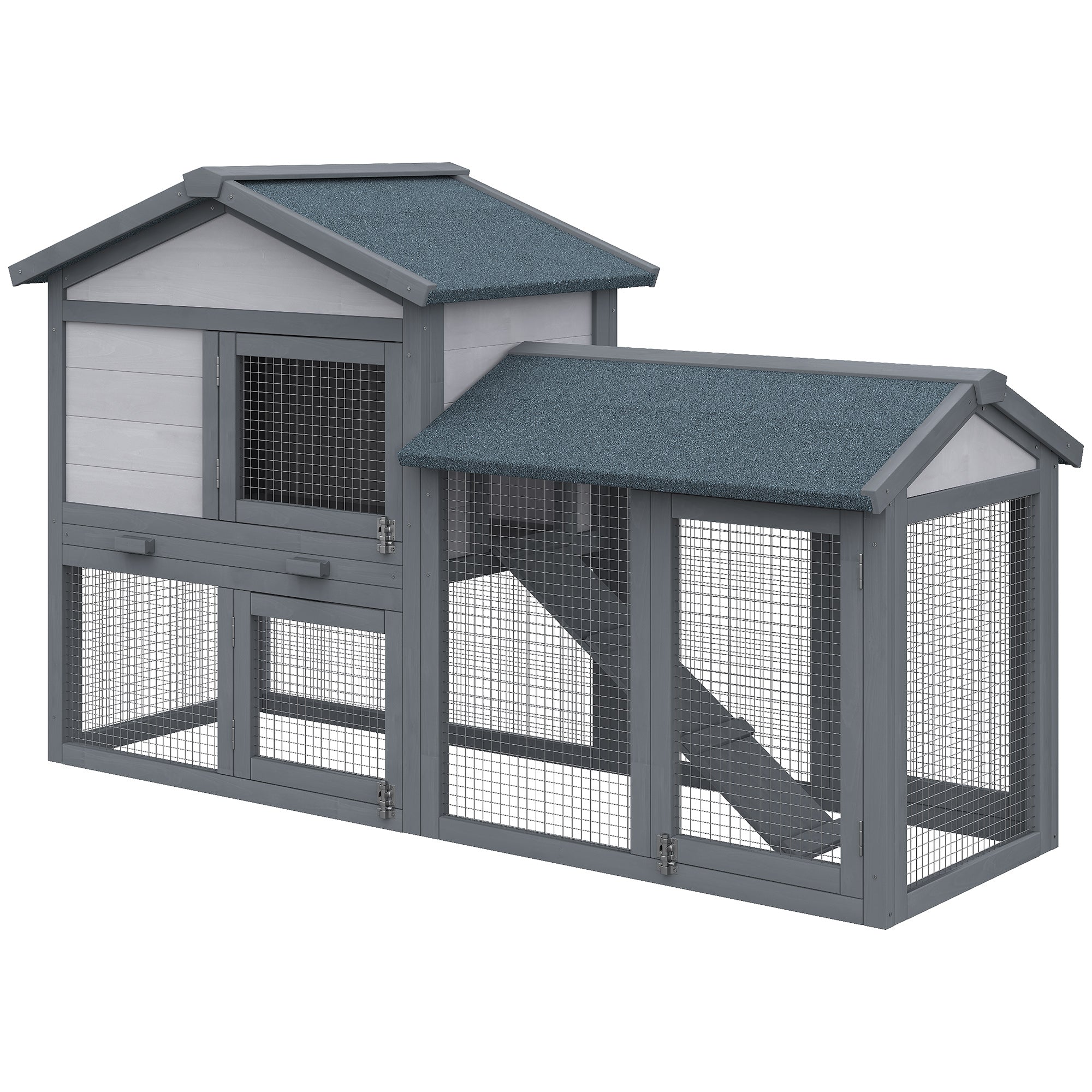 PawHut Wooden Rabbit Hutch Outdoor, Double Tier Guinea Pig Hutch, Small Animal House Water-Resistant Roof Ramp 147 x 54 x 84 cm, Grey