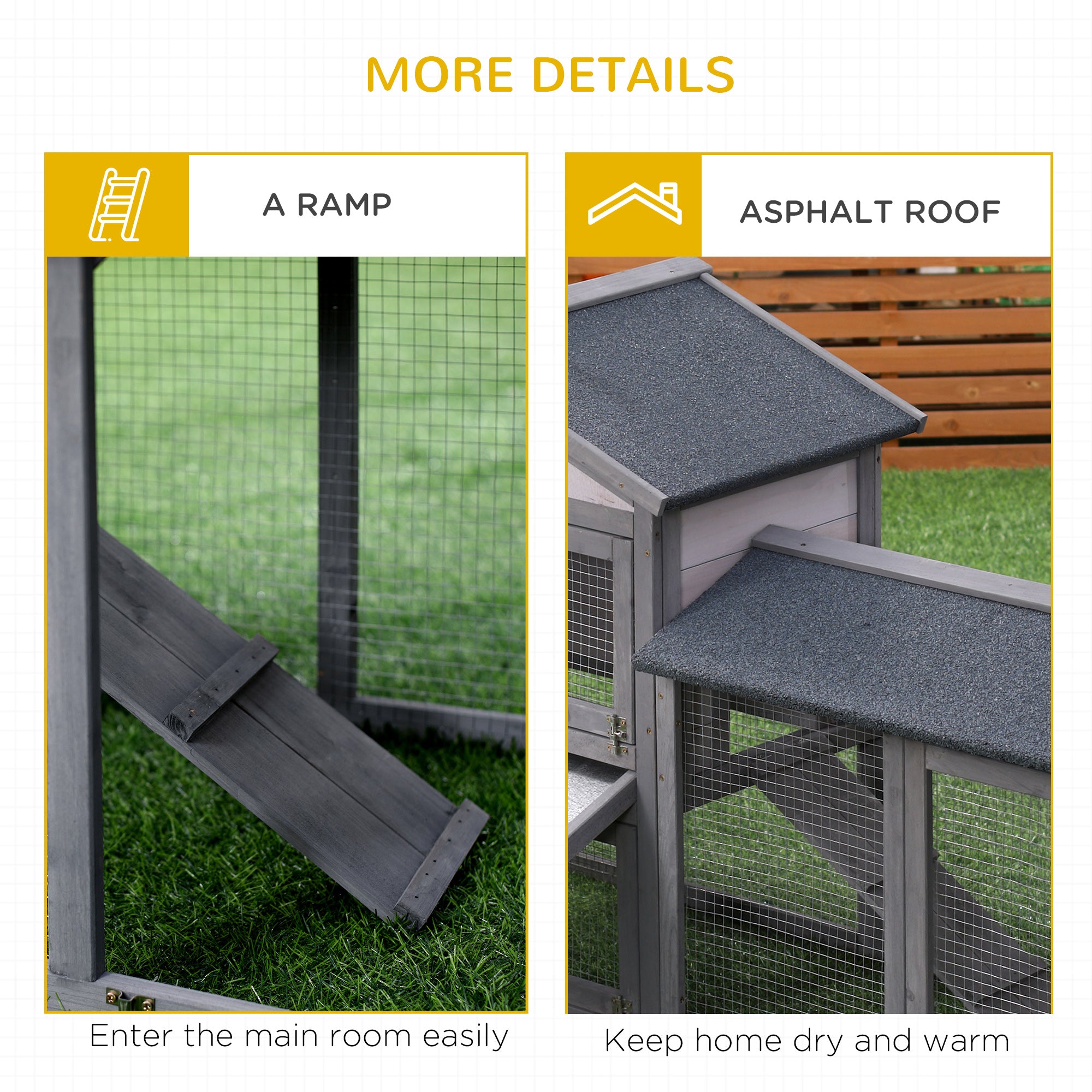 PawHut Wood Rabbit Hutch Backyard Bunny Cage Small Animal House Asphalt Roof w/ Ramp and Outdoor Run Dark Grey