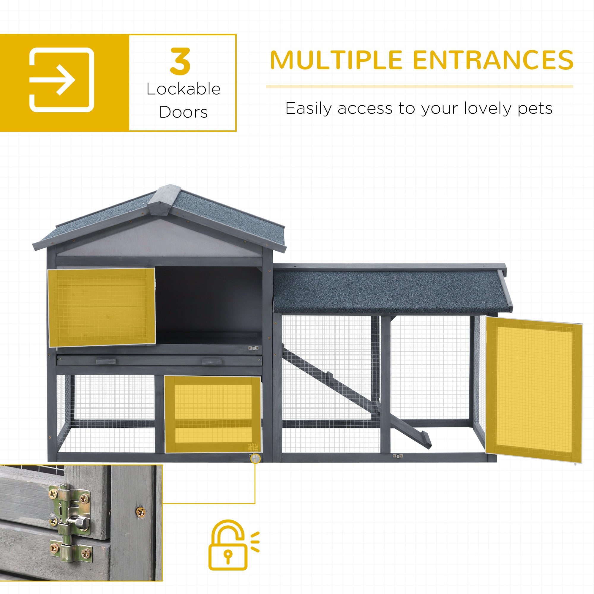 PawHut Wood Rabbit Hutch Backyard Bunny Cage Small Animal House Asphalt Roof w/ Ramp and Outdoor Run Dark Grey