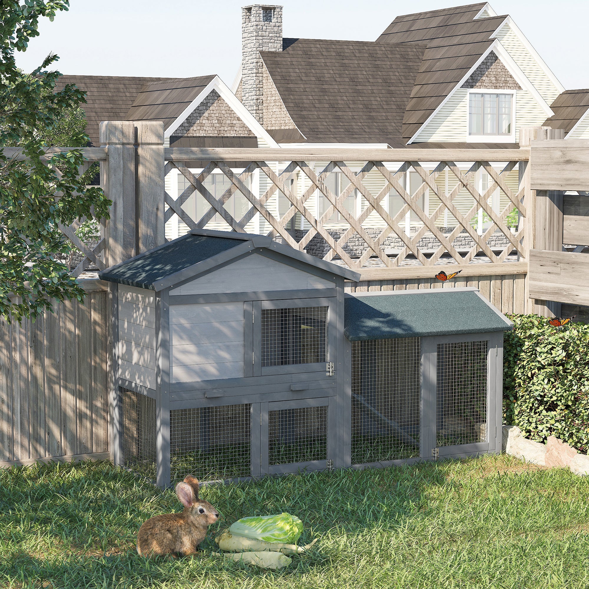 PawHut Wood Rabbit Hutch Backyard Bunny Cage Small Animal House Asphalt Roof w/ Ramp and Outdoor Run Dark Grey