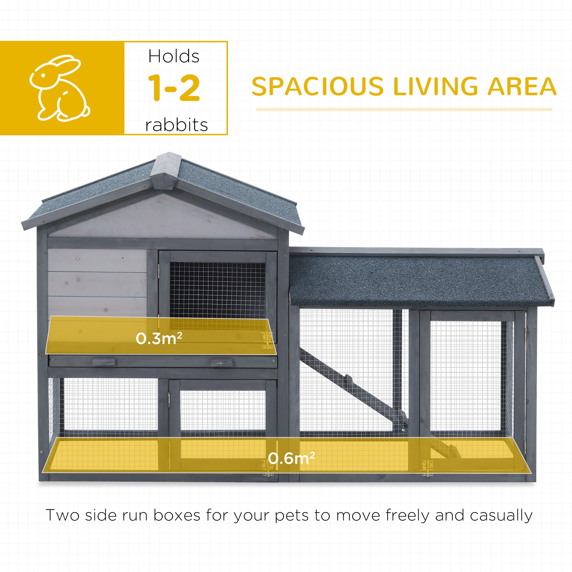 PawHut Wooden Rabbit Hutch Outdoor, Double Tier Guinea Pig Hutch, Small Animal House Water-Resistant Roof Ramp 147 x 54 x 84 cm, Grey