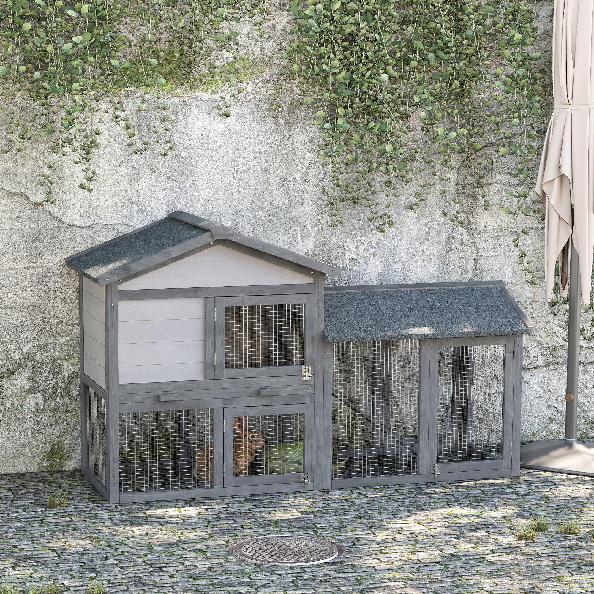 PawHut Wood Rabbit Hutch Backyard Bunny Cage Small Animal House Asphalt Roof w/ Ramp and Outdoor Run Dark Grey