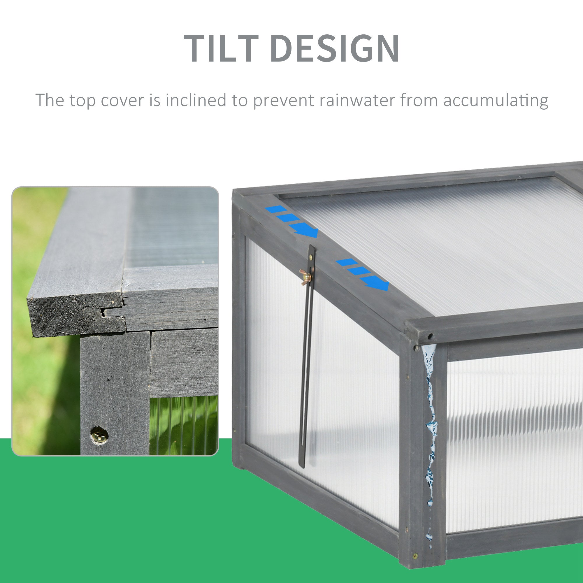 Outsunny 39" x 26" x 16" Wooden Cold Frame with Openable and Tilted Top Cover, Small Polycarbonate Planter Box for Flowers, Vegetables, Plants, Grey