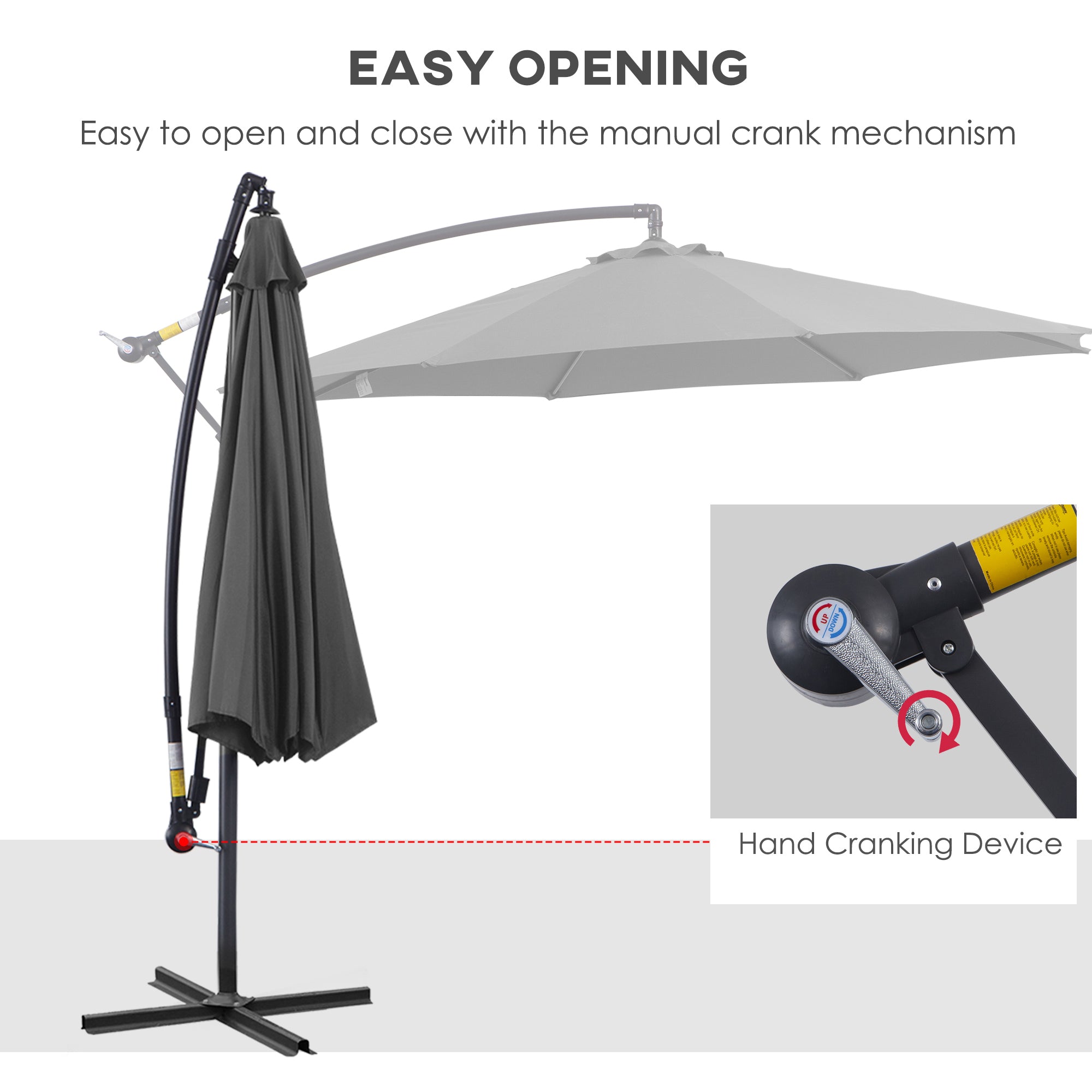 Outsunny 9.7ft Offset Patio Umbrella, Hanging Cantilever Parasol with Crank Handle, 8 Ribs and Cross Base for Outdoor, Sun Shade, Grey