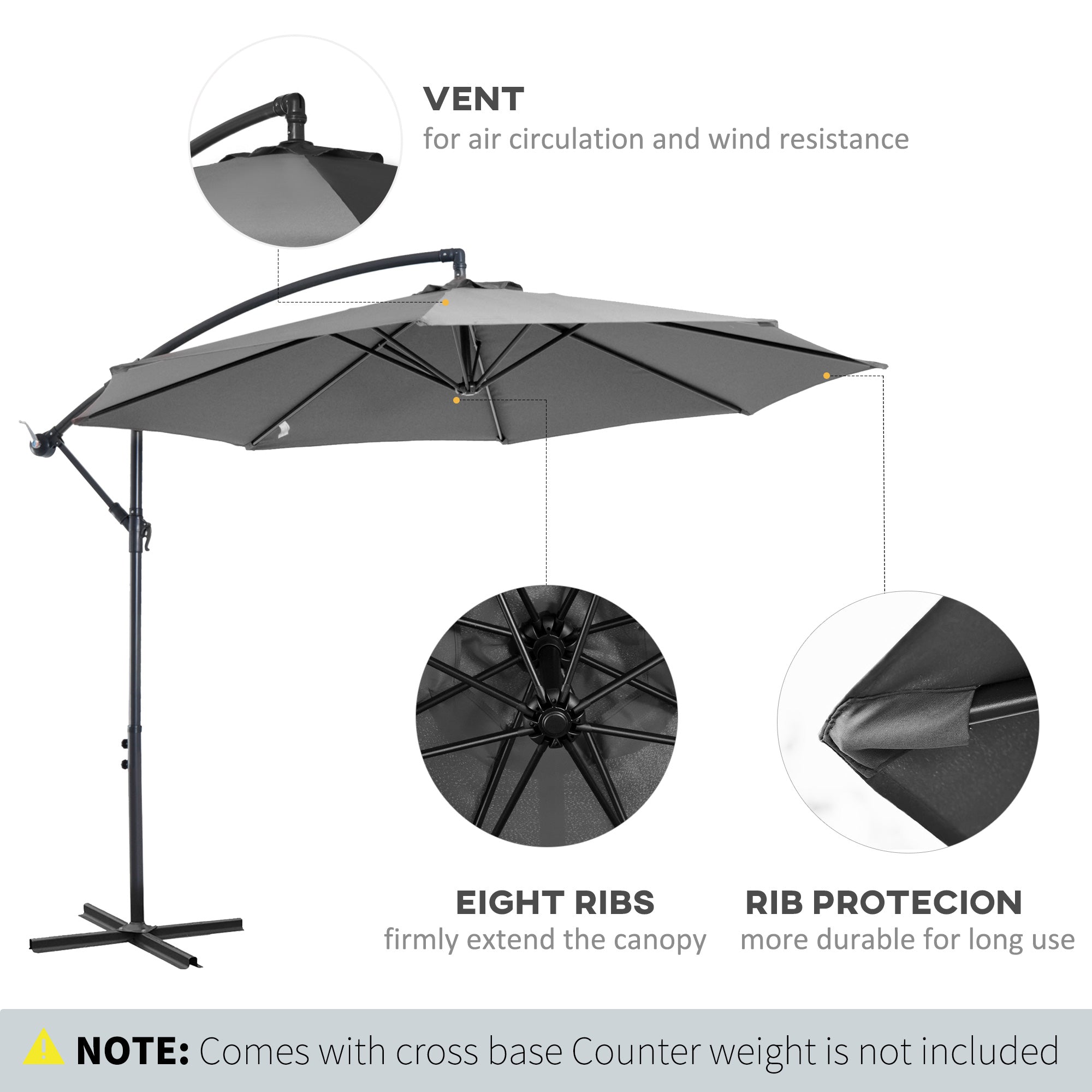 Outsunny 9.7ft Offset Patio Umbrella, Hanging Cantilever Parasol with Crank Handle, 8 Ribs and Cross Base for Outdoor, Sun Shade, Grey