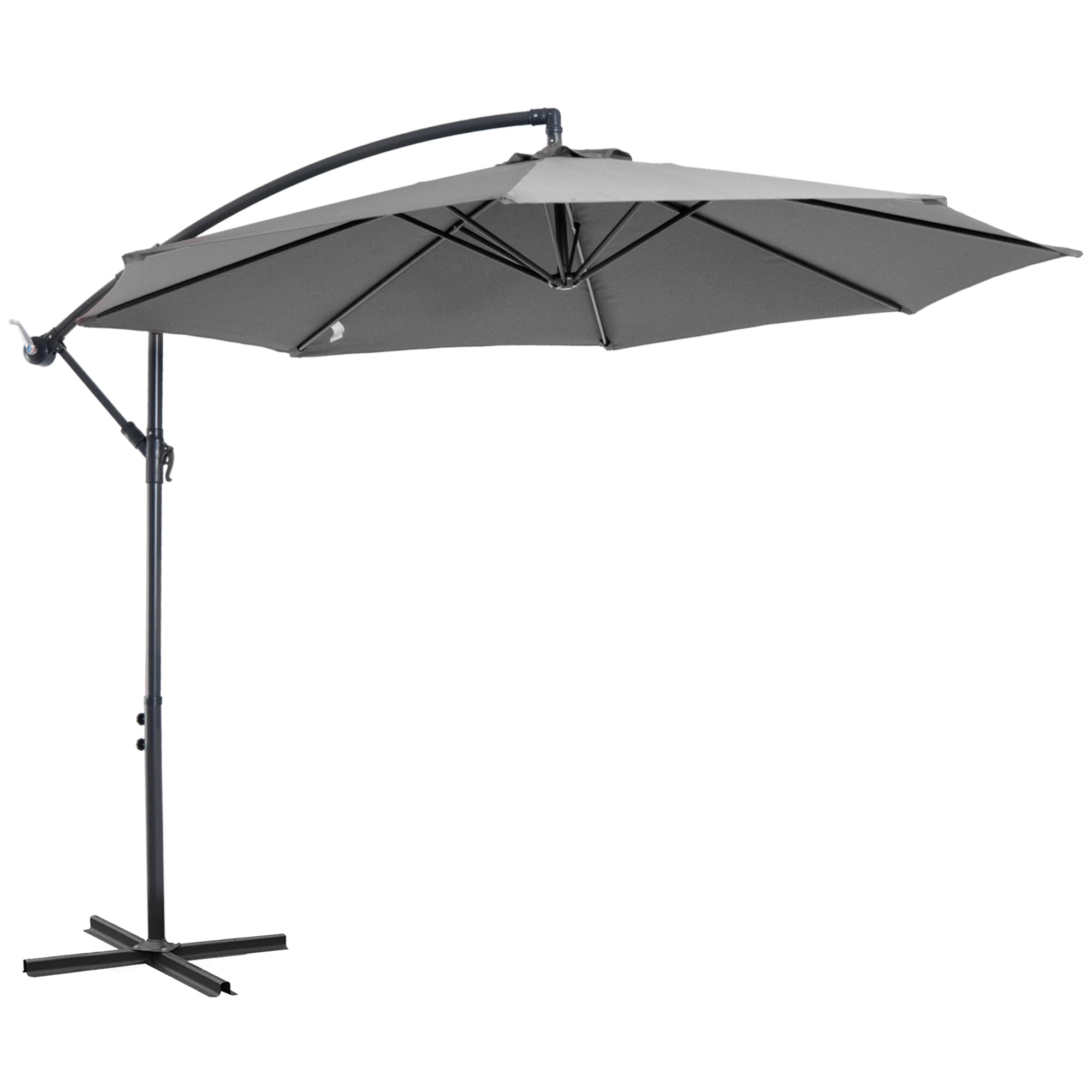 Outsunny 9.7ft Offset Patio Umbrella, Hanging Cantilever Parasol with Crank Handle, 8 Ribs and Cross Base for Outdoor, Sun Shade, Grey