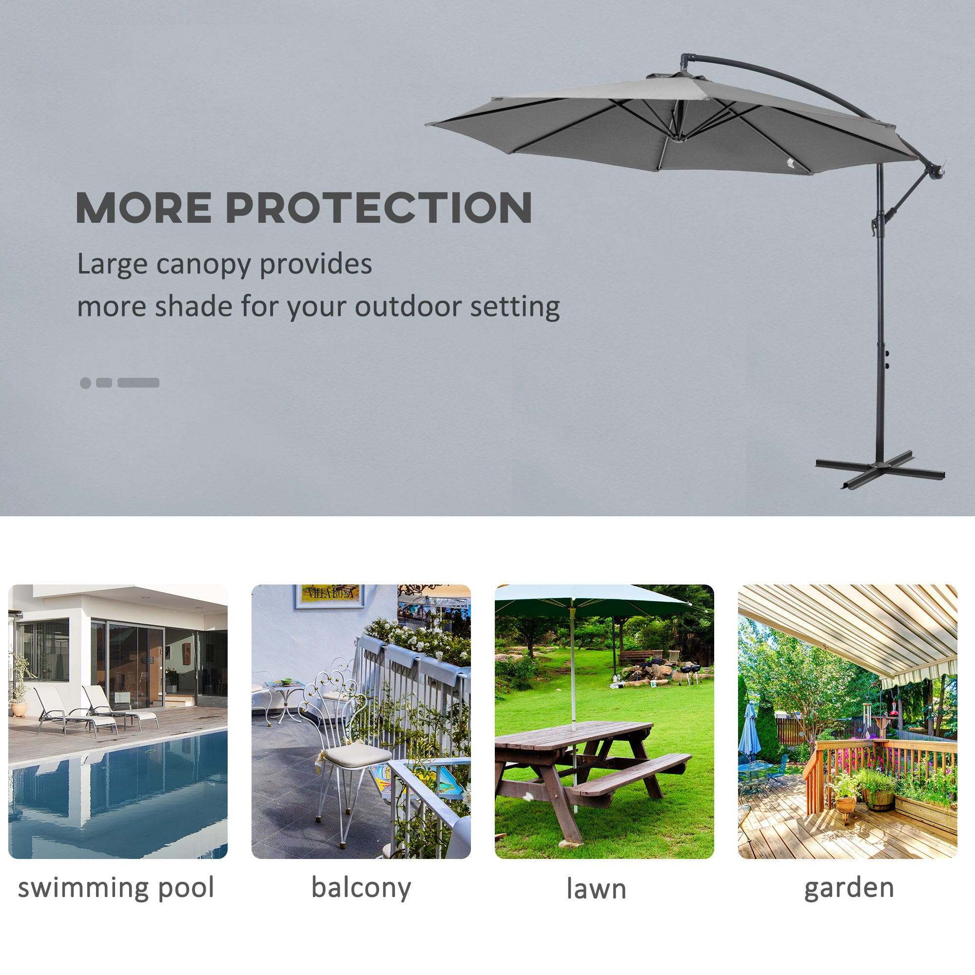 Outsunny 9.7ft Offset Patio Umbrella, Hanging Cantilever Parasol with Crank Handle, 8 Ribs and Cross Base for Outdoor, Sun Shade, Grey