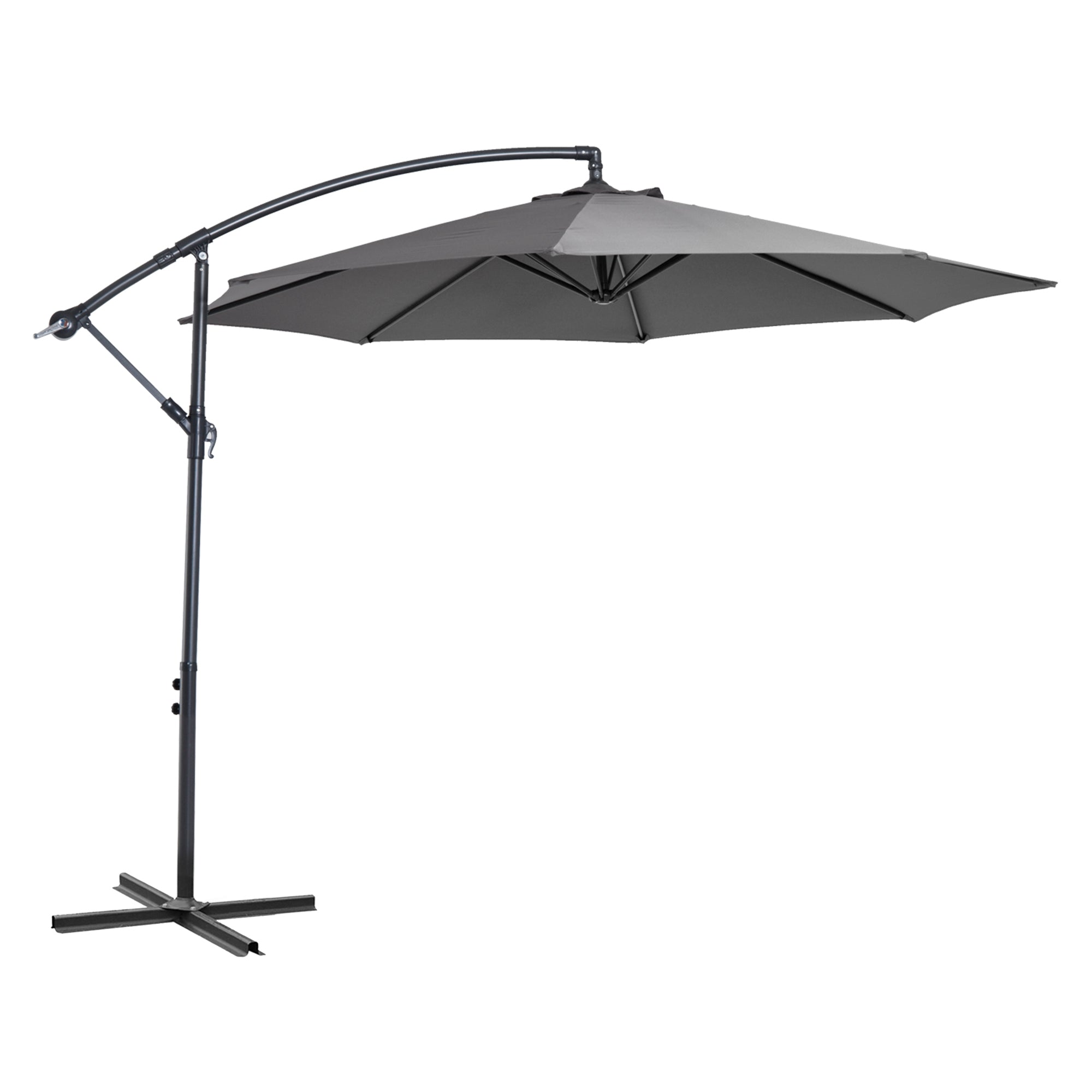 Outsunny 9.7ft Offset Patio Umbrella, Hanging Cantilever Parasol with Crank Handle, 8 Ribs and Cross Base for Outdoor, Sun Shade, Grey