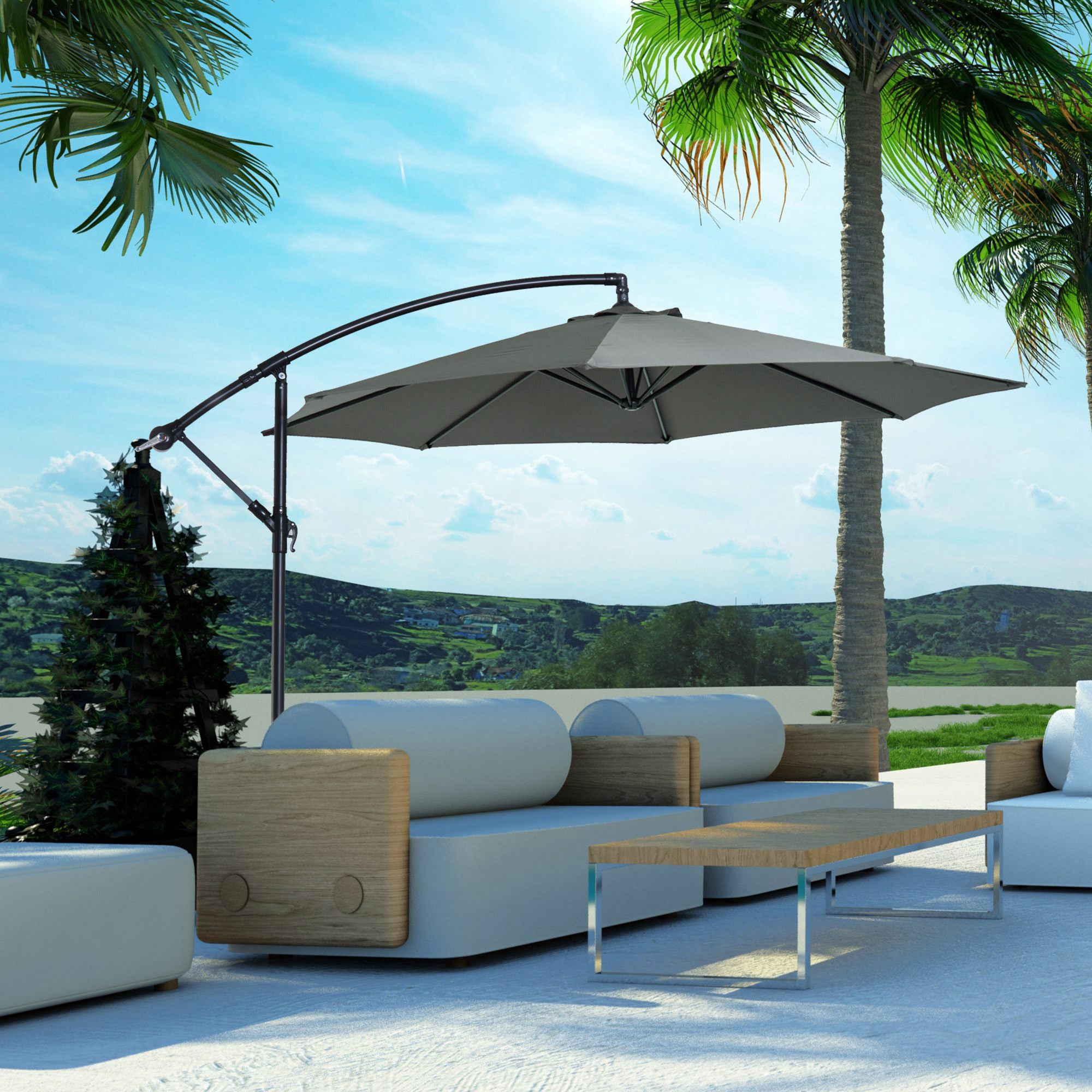 Outsunny 9.7ft Offset Patio Umbrella, Hanging Cantilever Parasol with Crank Handle, 8 Ribs and Cross Base for Outdoor, Sun Shade, Grey