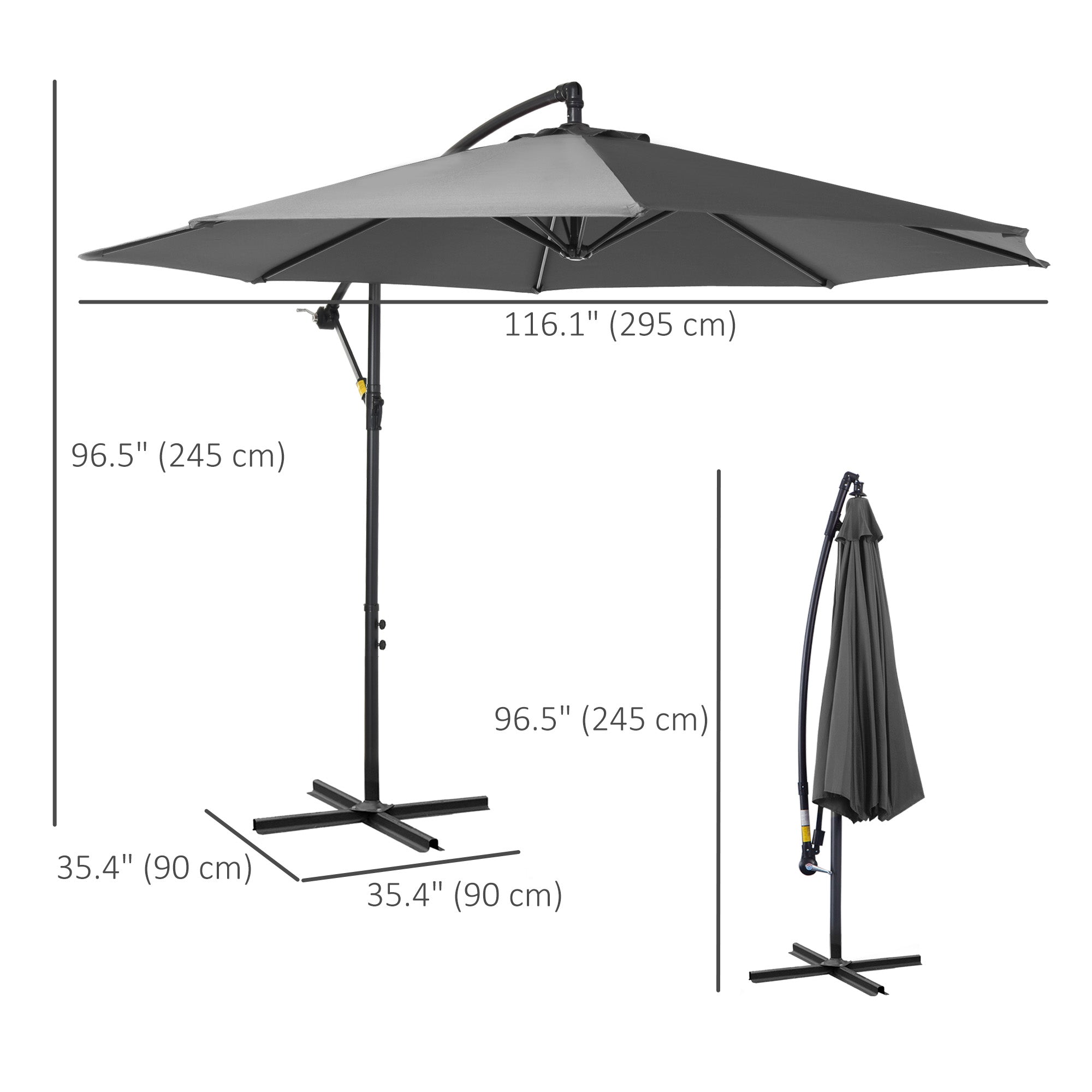 Outsunny 9.7ft Offset Patio Umbrella, Hanging Cantilever Parasol with Crank Handle, 8 Ribs and Cross Base for Outdoor, Sun Shade, Grey