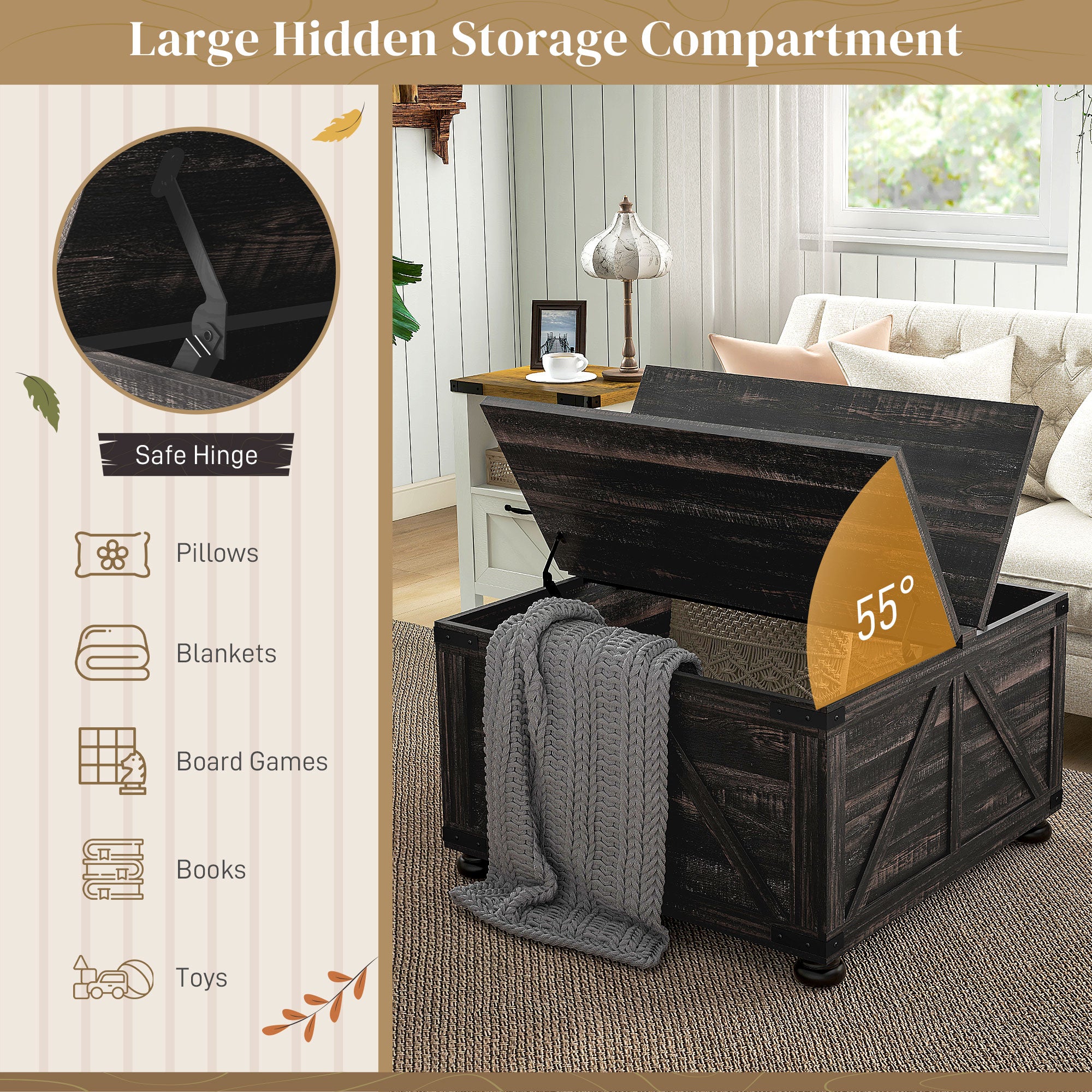 HOMCOM Farmhouse Coffee Table, Square Center Table with Flip-top Lids, Living Room Table with Hidden Storage Compartment and Wooden Legs, Distressed Brown