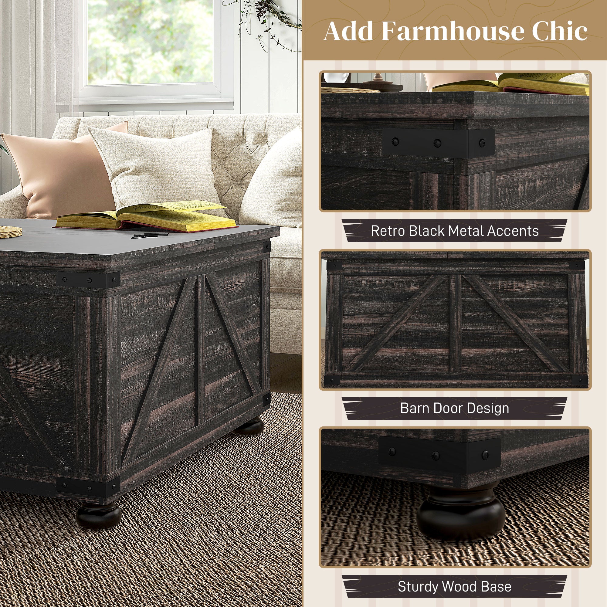 HOMCOM Farmhouse Coffee Table, Square Center Table with Flip-top Lids, Living Room Table with Hidden Storage Compartment and Wooden Legs, Distressed Brown