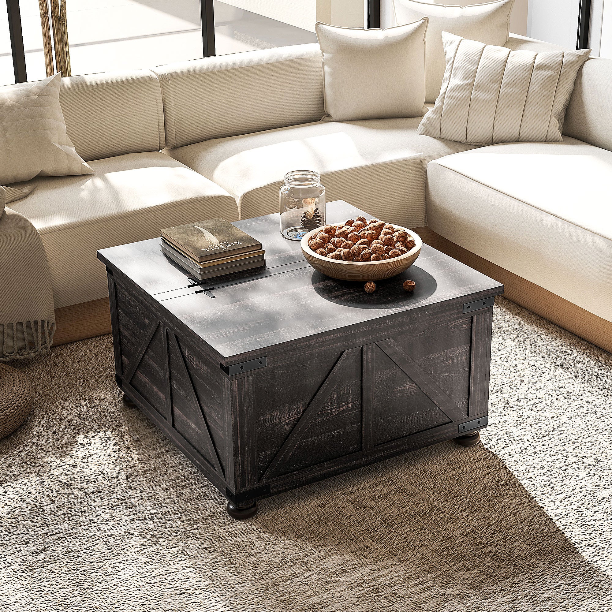 HOMCOM Farmhouse Coffee Table, Square Center Table with Flip-top Lids, Living Room Table with Hidden Storage Compartment and Wooden Legs, Distressed Brown