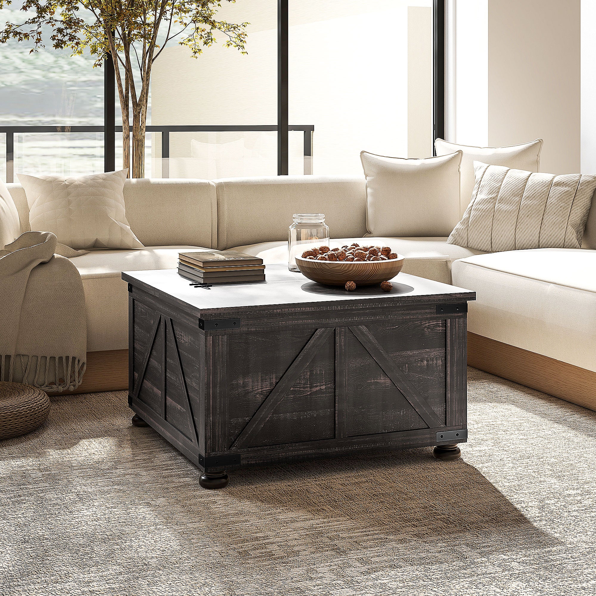 HOMCOM Farmhouse Coffee Table, Square Center Table with Flip-top Lids, Living Room Table with Hidden Storage Compartment and Wooden Legs, Distressed Brown
