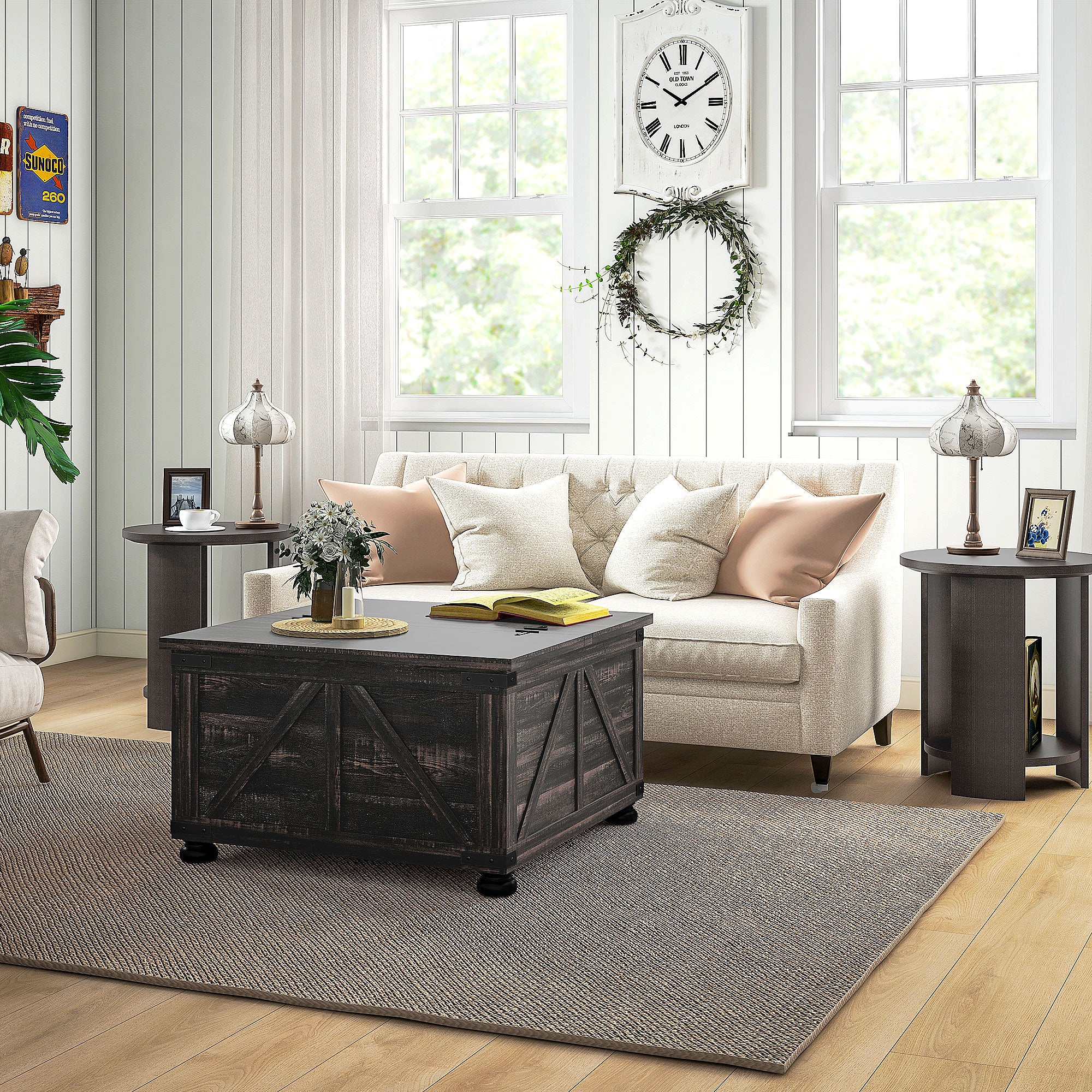 HOMCOM Farmhouse Coffee Table, Square Center Table with Flip-top Lids, Living Room Table with Hidden Storage Compartment and Wooden Legs, Distressed Brown