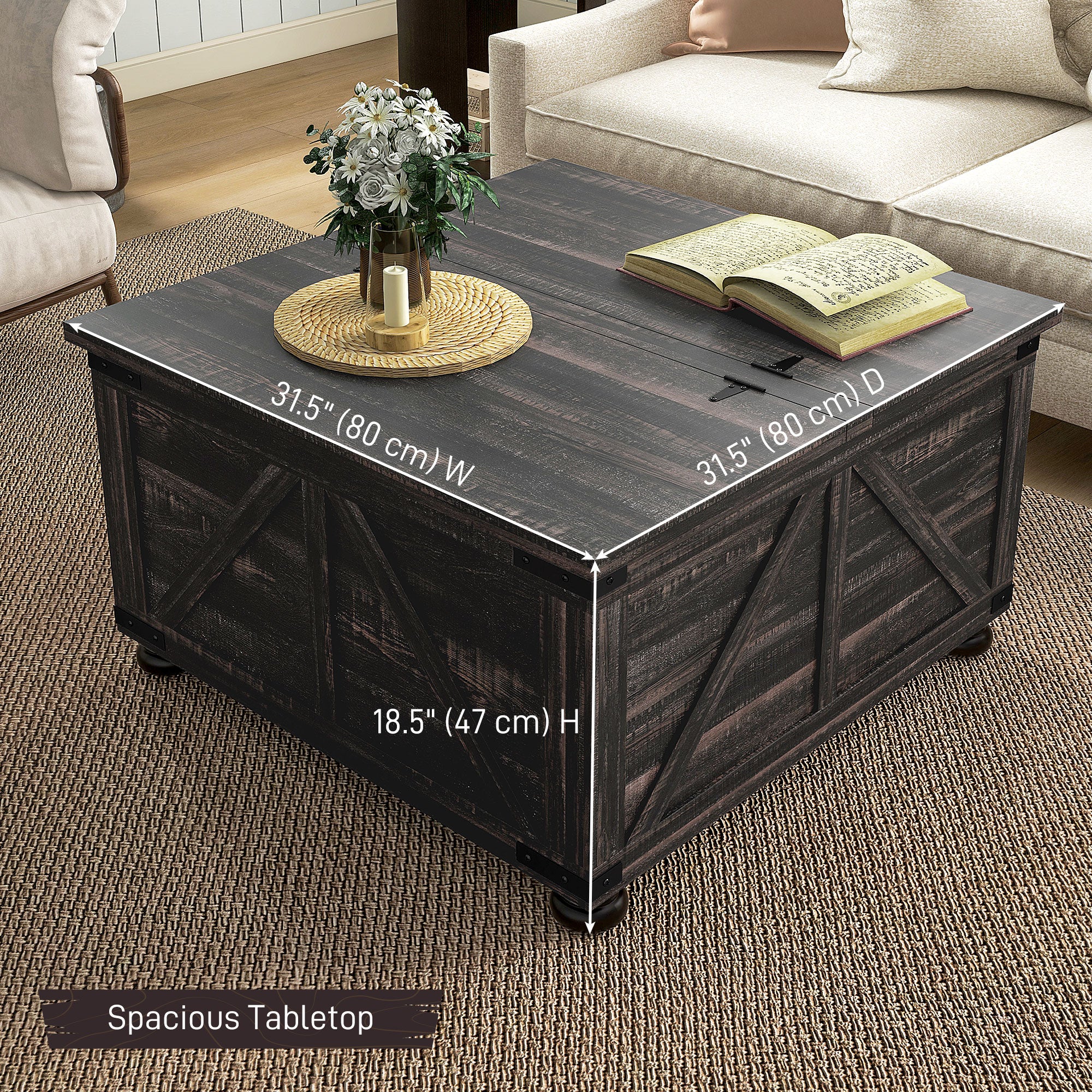 HOMCOM Farmhouse Coffee Table, Square Center Table with Flip-top Lids, Living Room Table with Hidden Storage Compartment and Wooden Legs, Distressed Brown