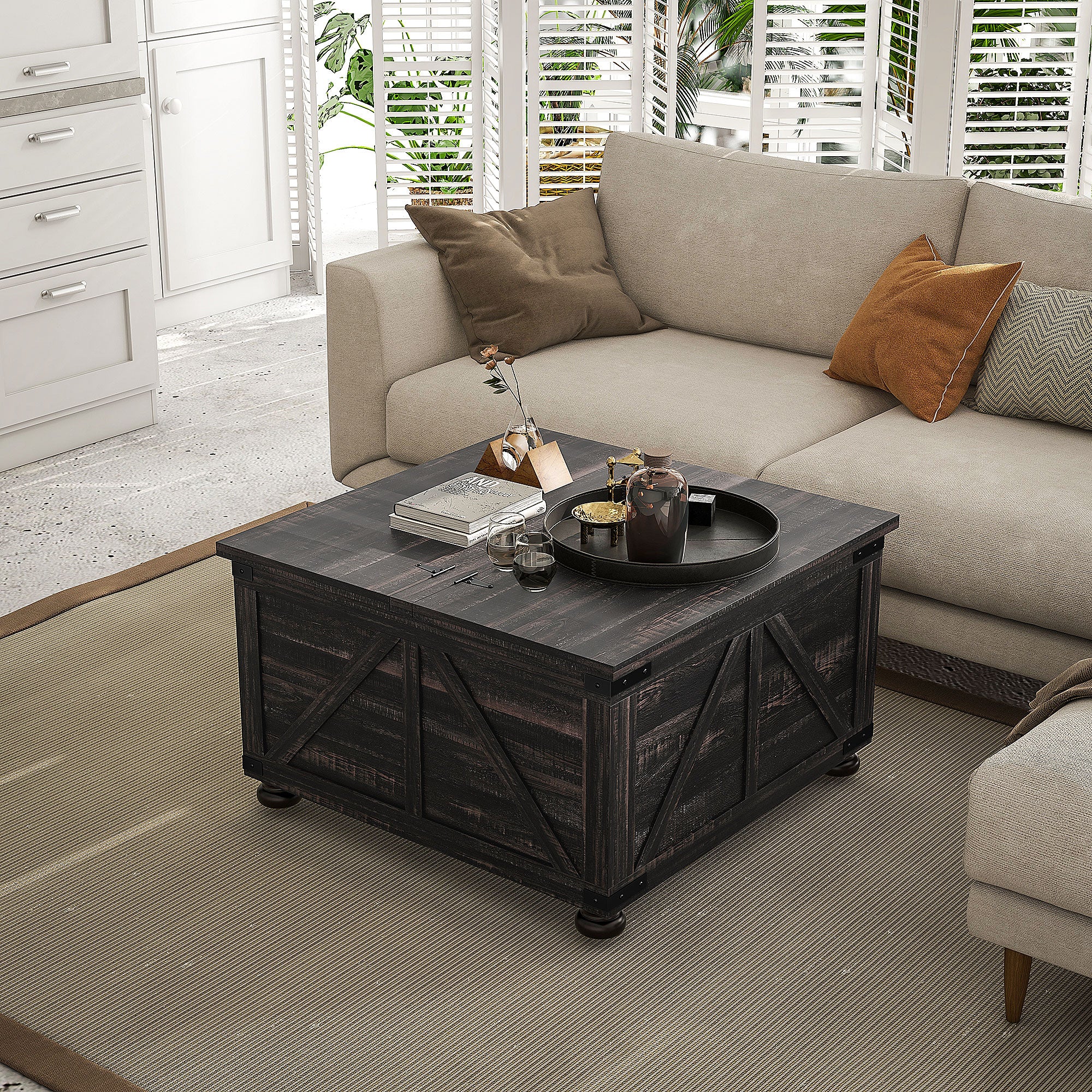 HOMCOM Farmhouse Coffee Table, Square Center Table with Flip-top Lids, Living Room Table with Hidden Storage Compartment and Wooden Legs, Distressed Brown