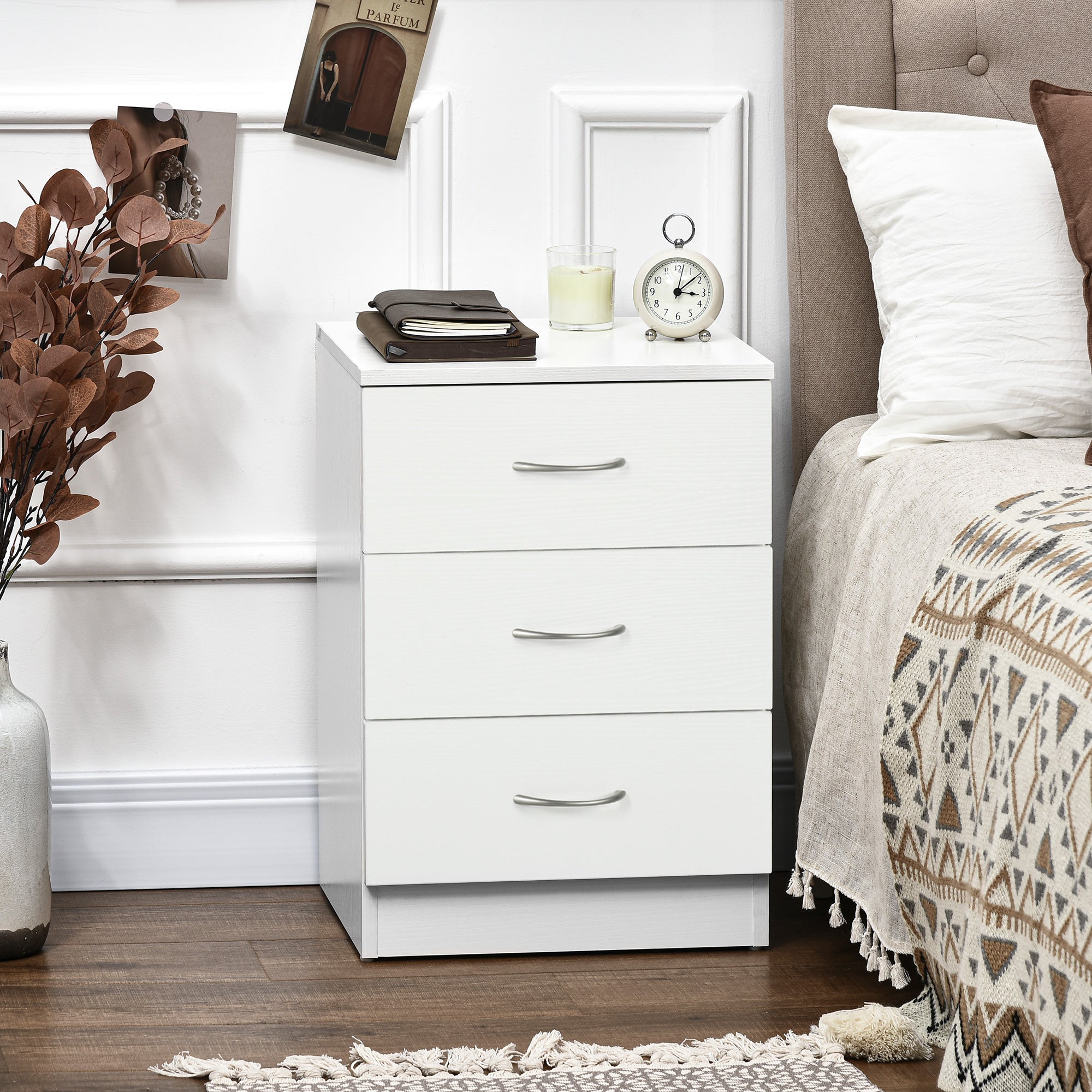 HOMCOM Bedside Table with 3 Drawers, Modern Wood Nightstand, Side Table with Anti-tipping Design for Bedroom, White